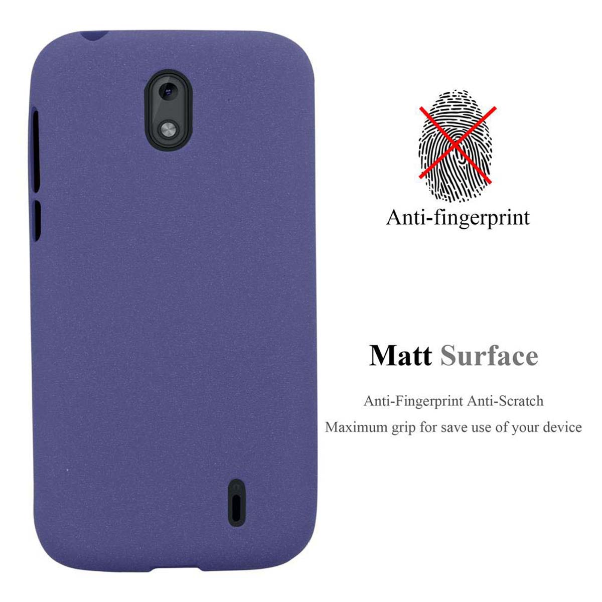 Custodia per telefono viola con il testo Anti-impronte digitali e superficie opaca. Sfondo bianco.