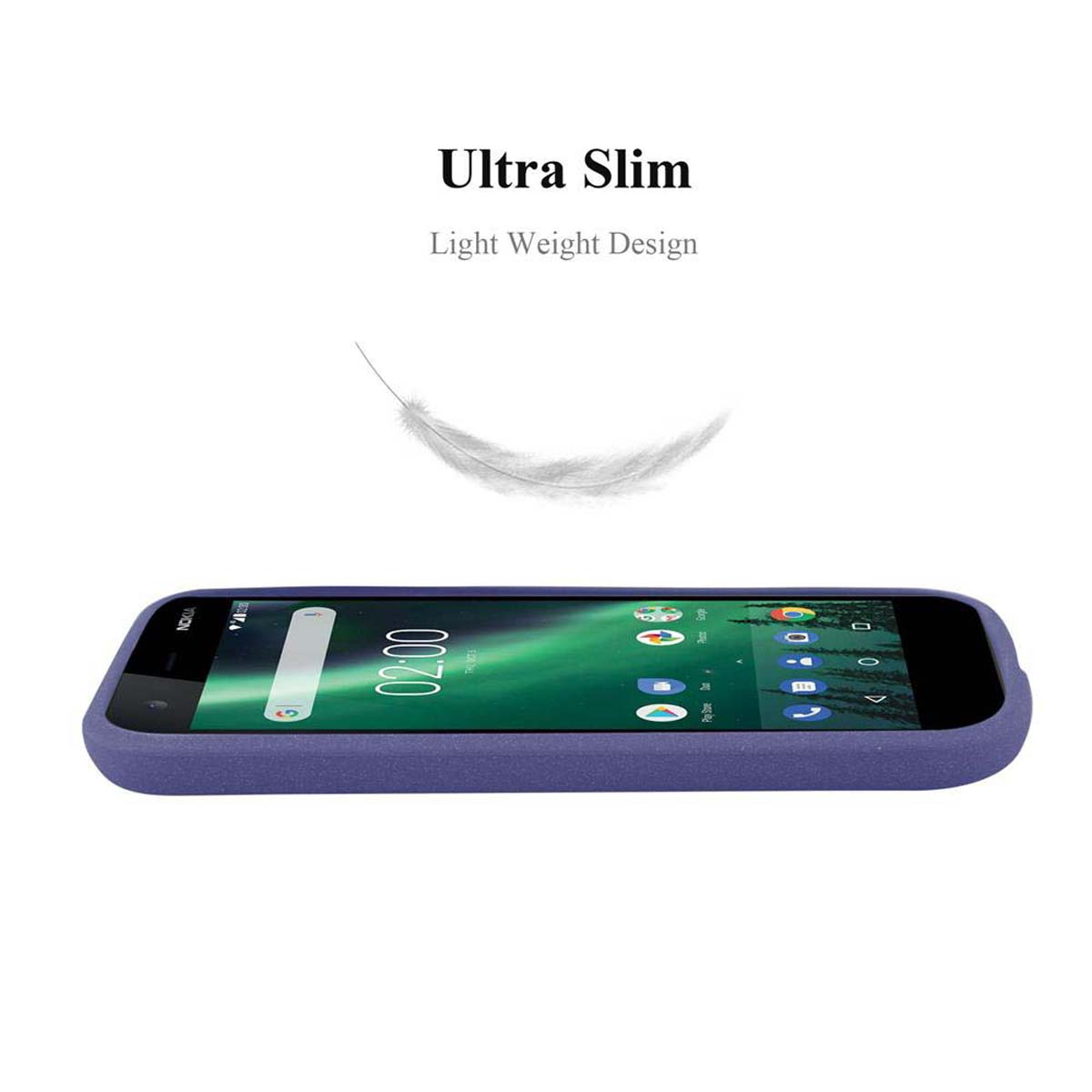 Un telefono dentro una custodia viola. Lo sfondo è bianco con testo sul design leggero.