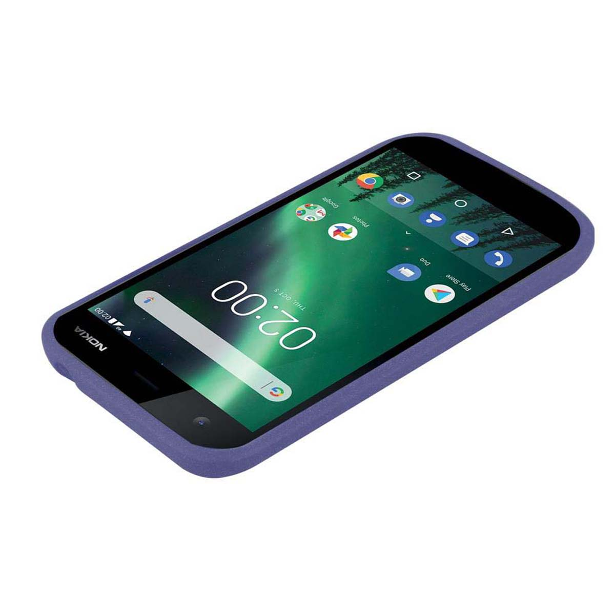Telefono viola in custodia, schermo acceso con ora e icone.
