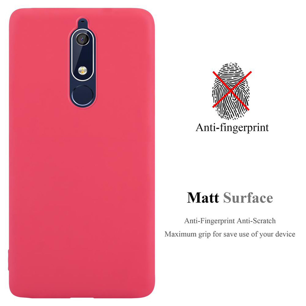 Eine rosa Handyhülle mit einer fingerabdruckresistenten, matten Oberfläche. Text deutet auf guten Halt hin.