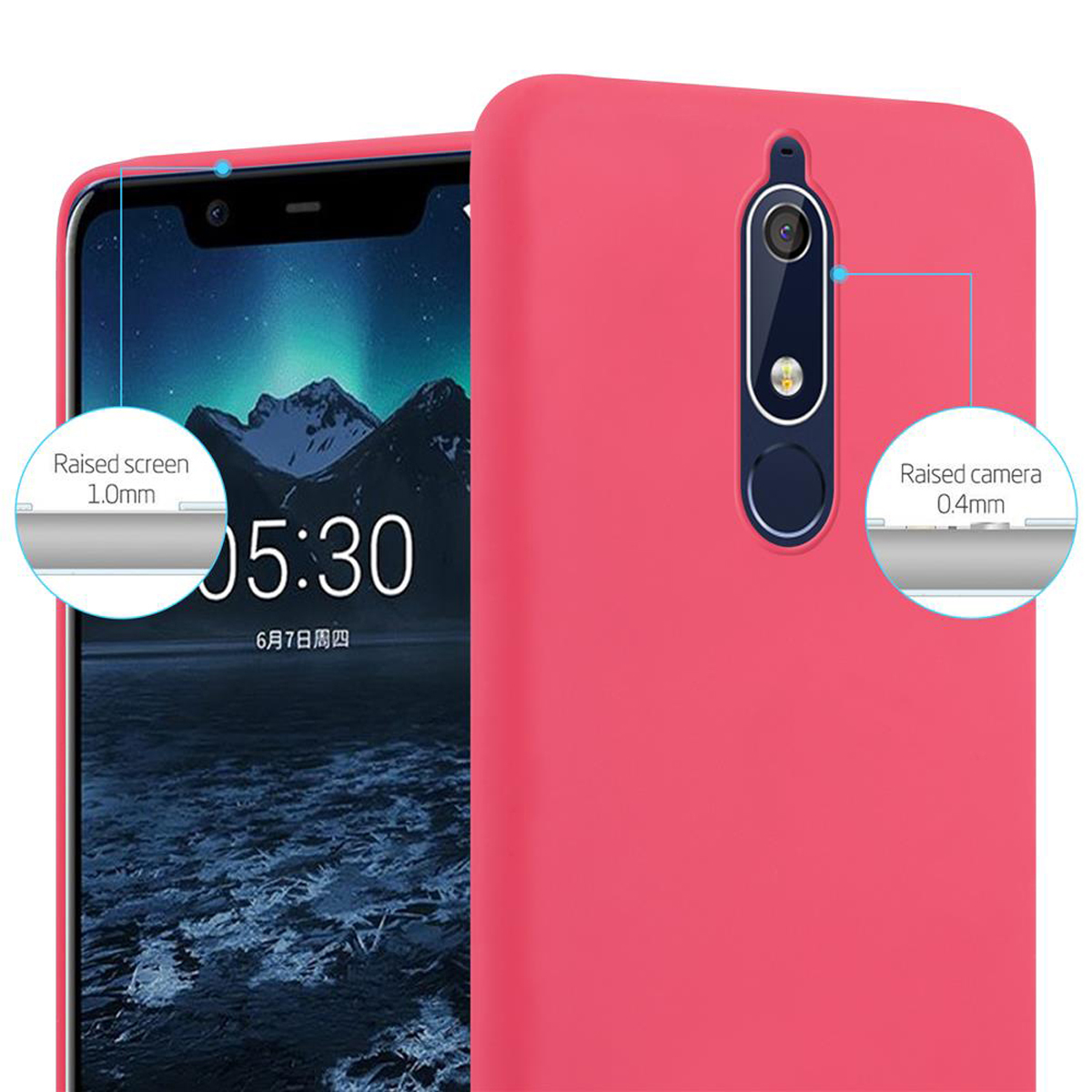 Rosa Handyhülle. Der Bildschirm zeigt Zeit und Apps. Erhöhte Kamera und Bildschirmdetails.