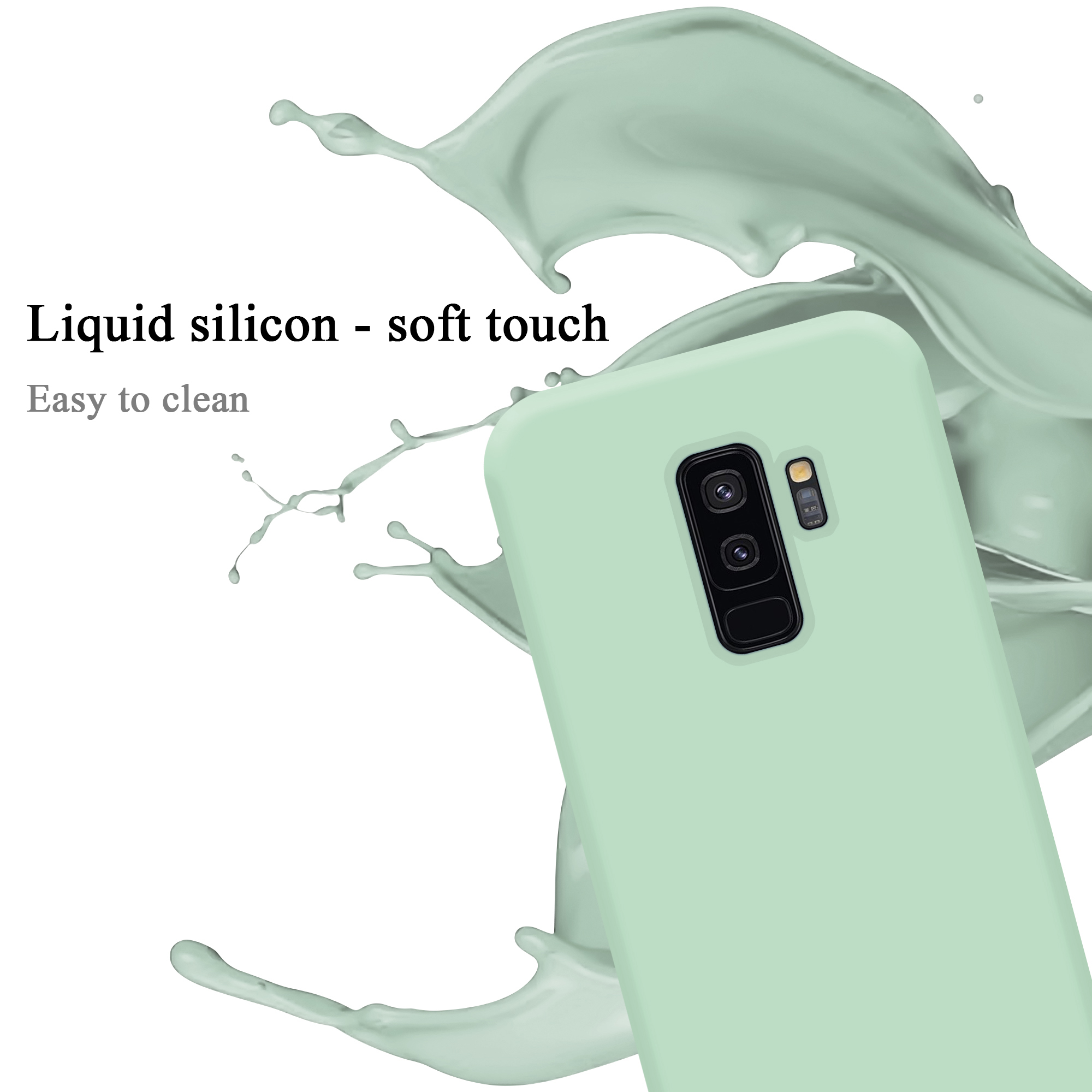 Custodia verde con schizzo di liquido verde. Testo: 'Silicone liquido - tocco morbido'.
