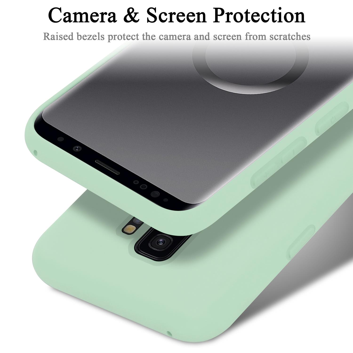 Una custodia per telefono color menta protegge un telefono, mostrando lo schermo e la fotocamera.