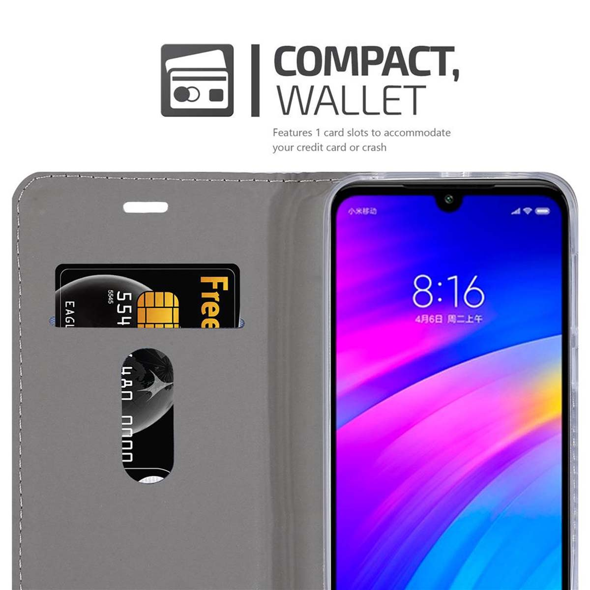 Handyhülle mit Kartenfach und Kreditkarte. Text "COMPACT, WALLET" ist sichtbar.