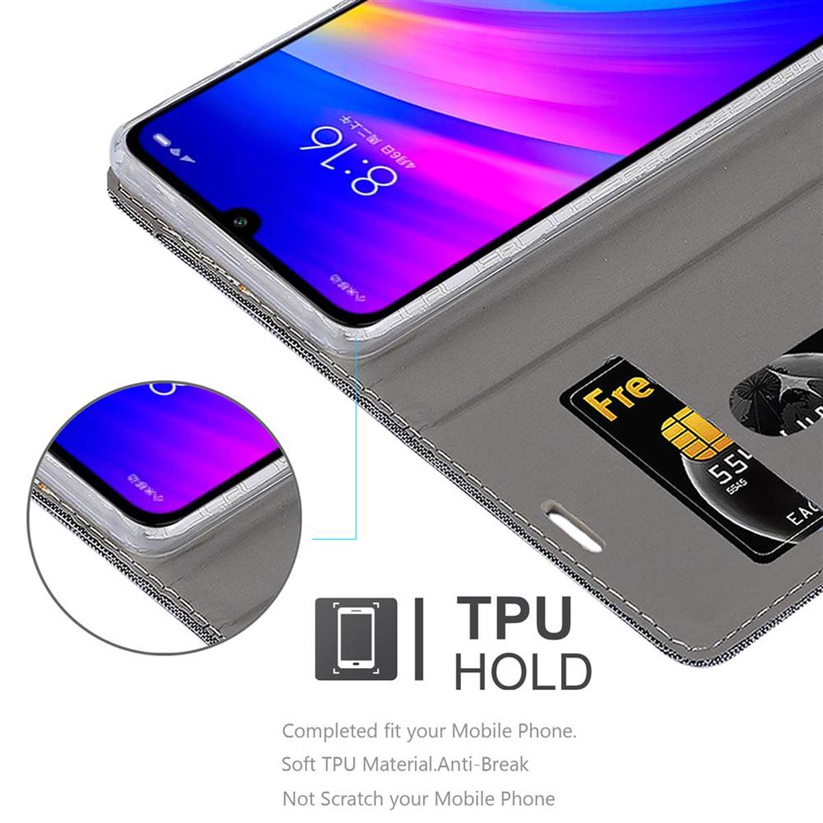 Ein Telefon in einer Hülle mit einer Karte und TPU-Halterung.