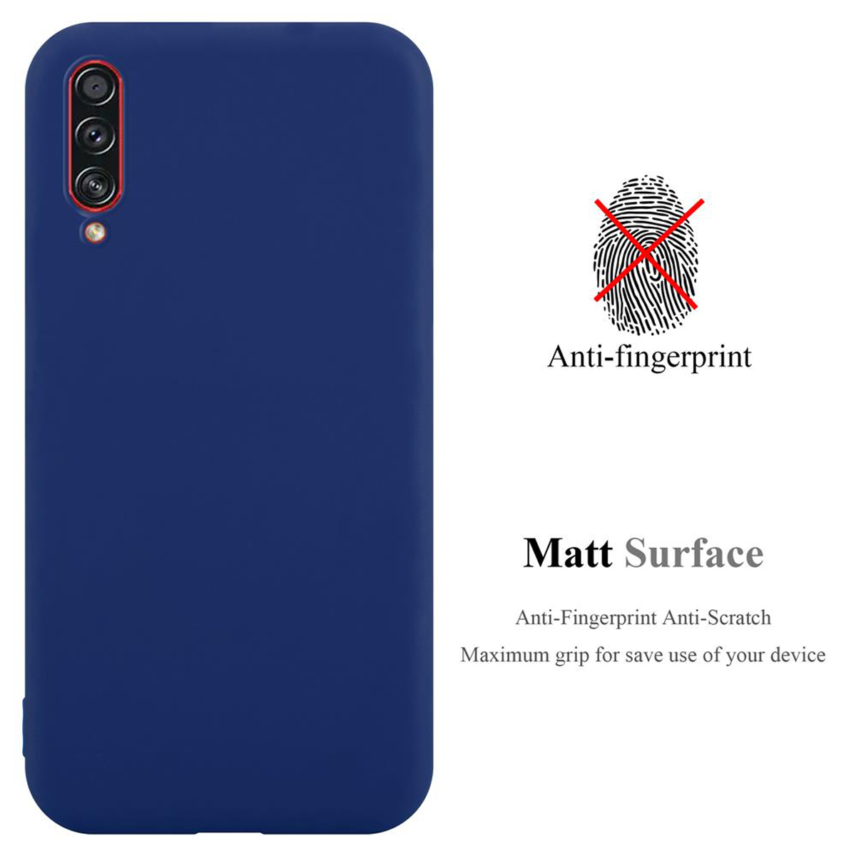 Dunkelblaue Handyhülle mit Anti-Fingerabdruck, mattem Oberflächentext. Illustration eines Fingerabdrucks mit rotem Kreuz.