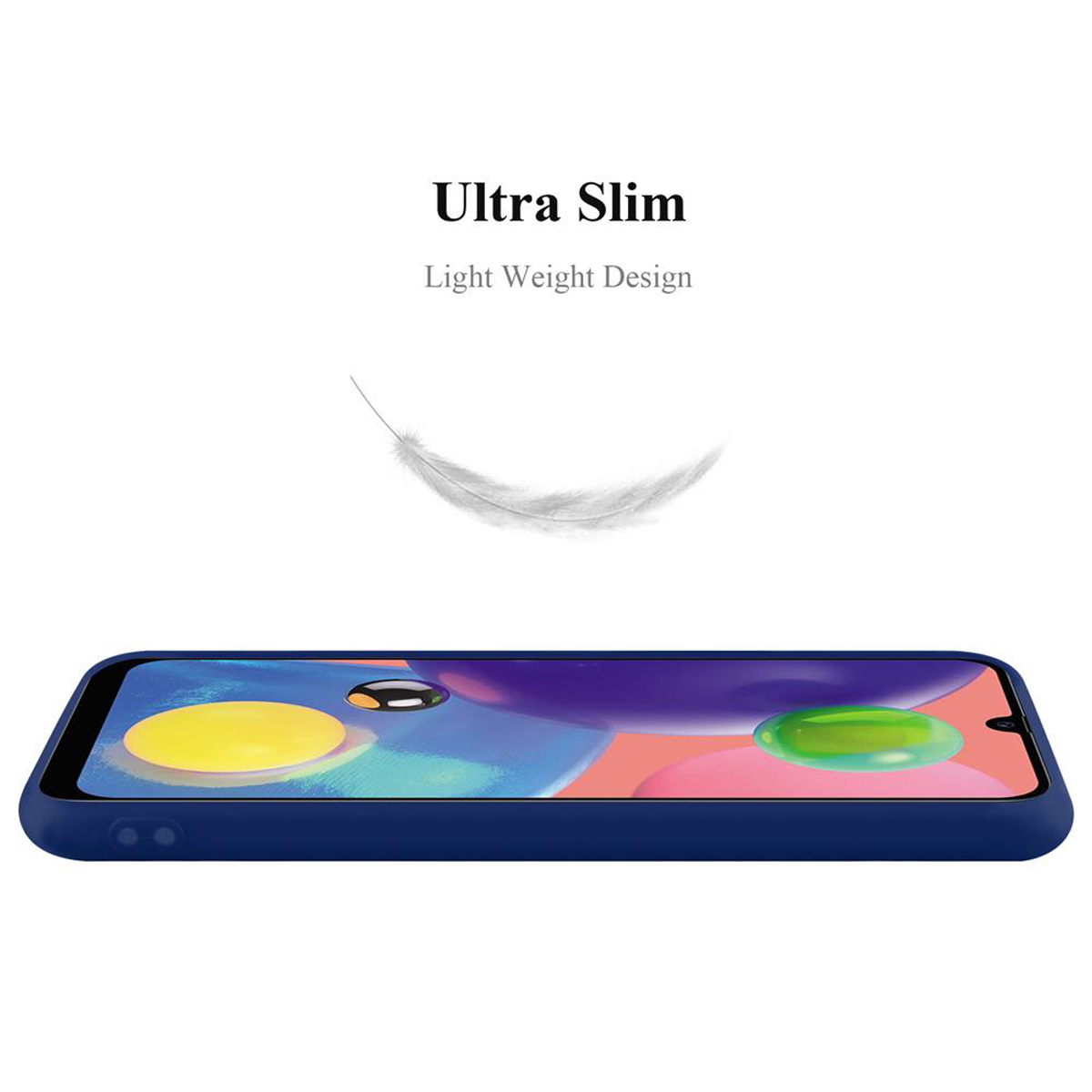 Blaue Handyhülle von der Seite betrachtet. Text: Ultra Slim, Light Weight Design. Eine Feder-Grafik.