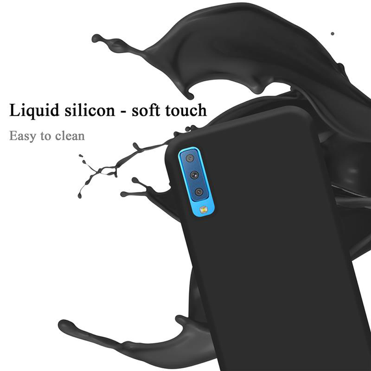 Schwarze Handyhülle mit blauem Kamerabereich und schwarzem Flüssigkeitsspritzeffekt. Text sagt: "Liquid silicon - soft touch".