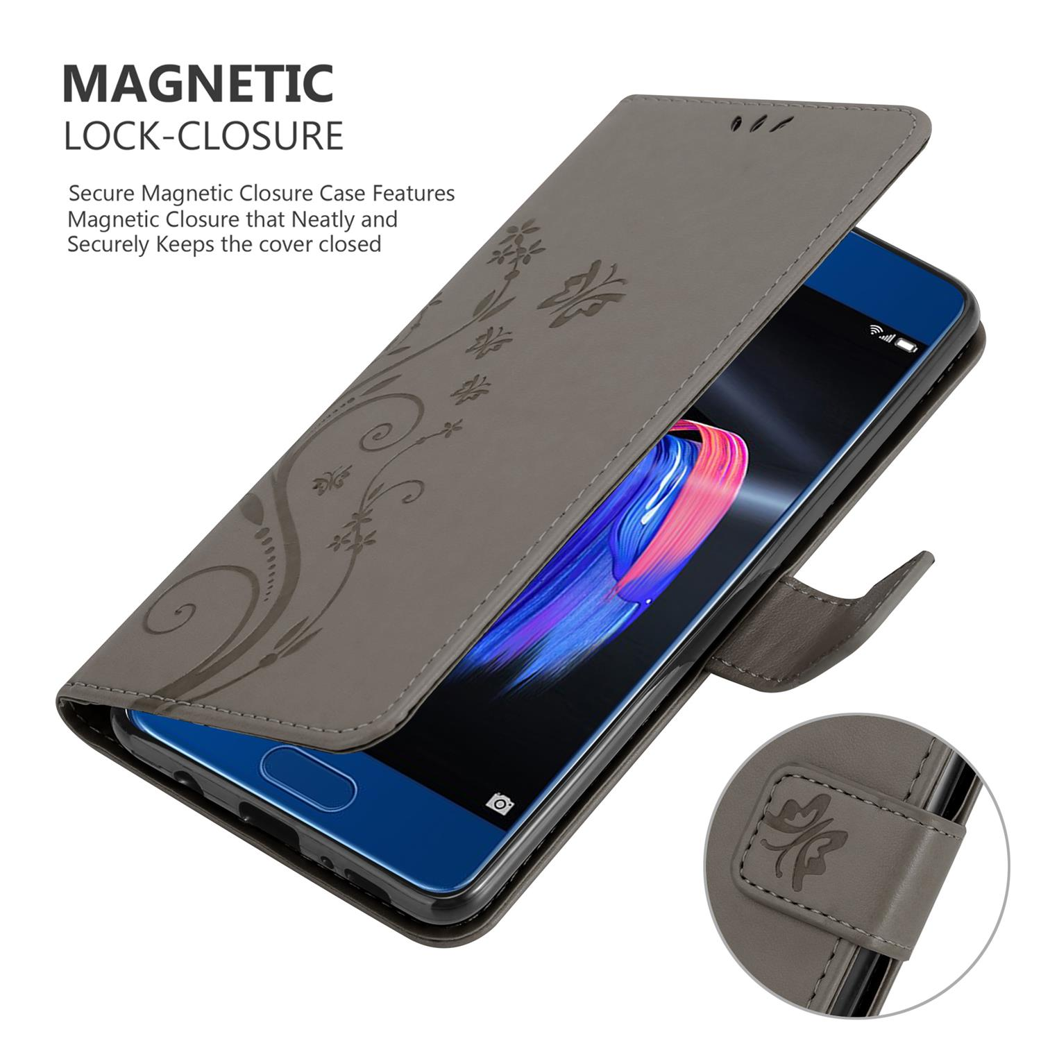 Custodia grigia aperta, mostra lo schermo del telefono. Design floreale sul fronte, chiusura magnetica.