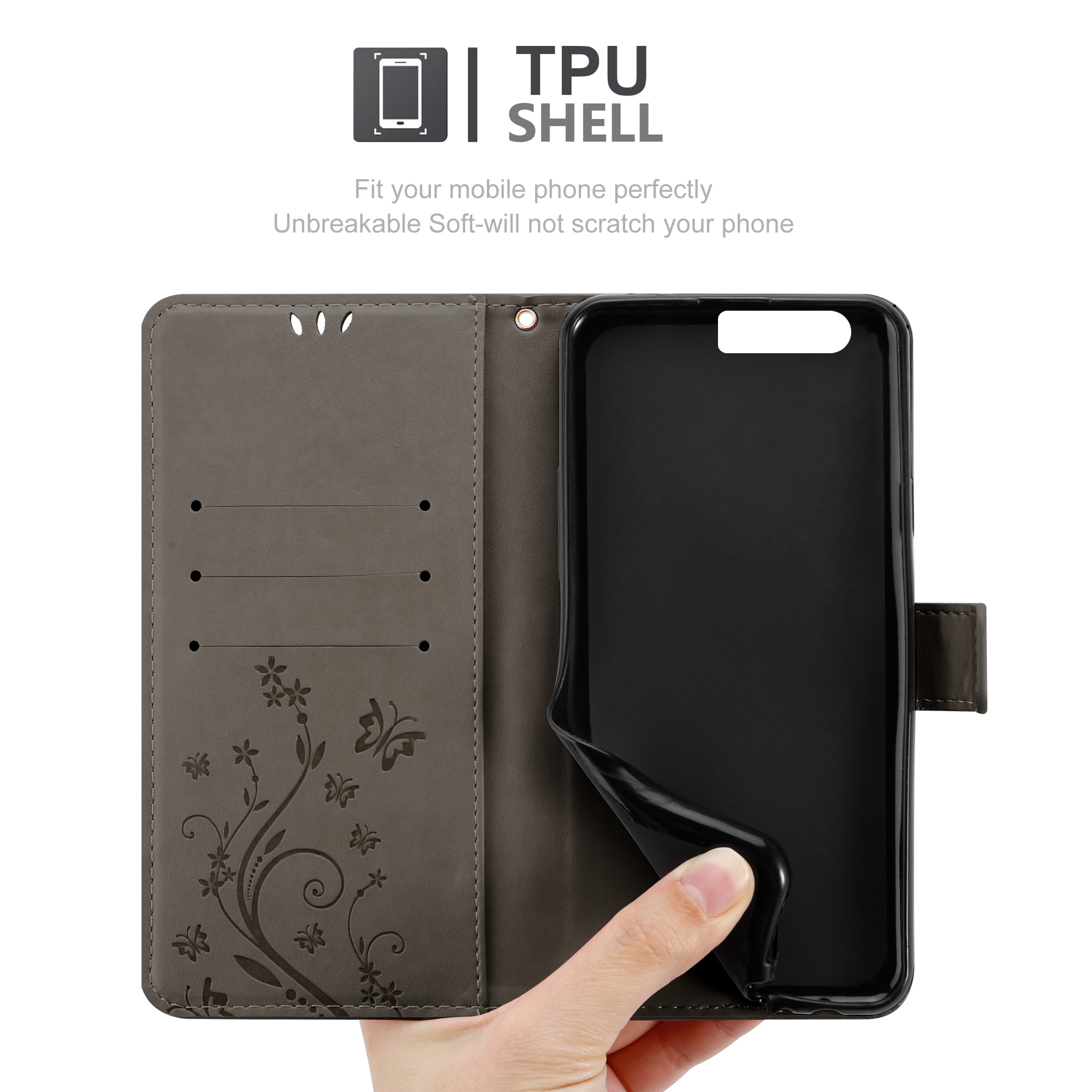 Custodia del telefono aperta con un telefono all'interno. La custodia è marrone con un design floreale e tiene il telefono.