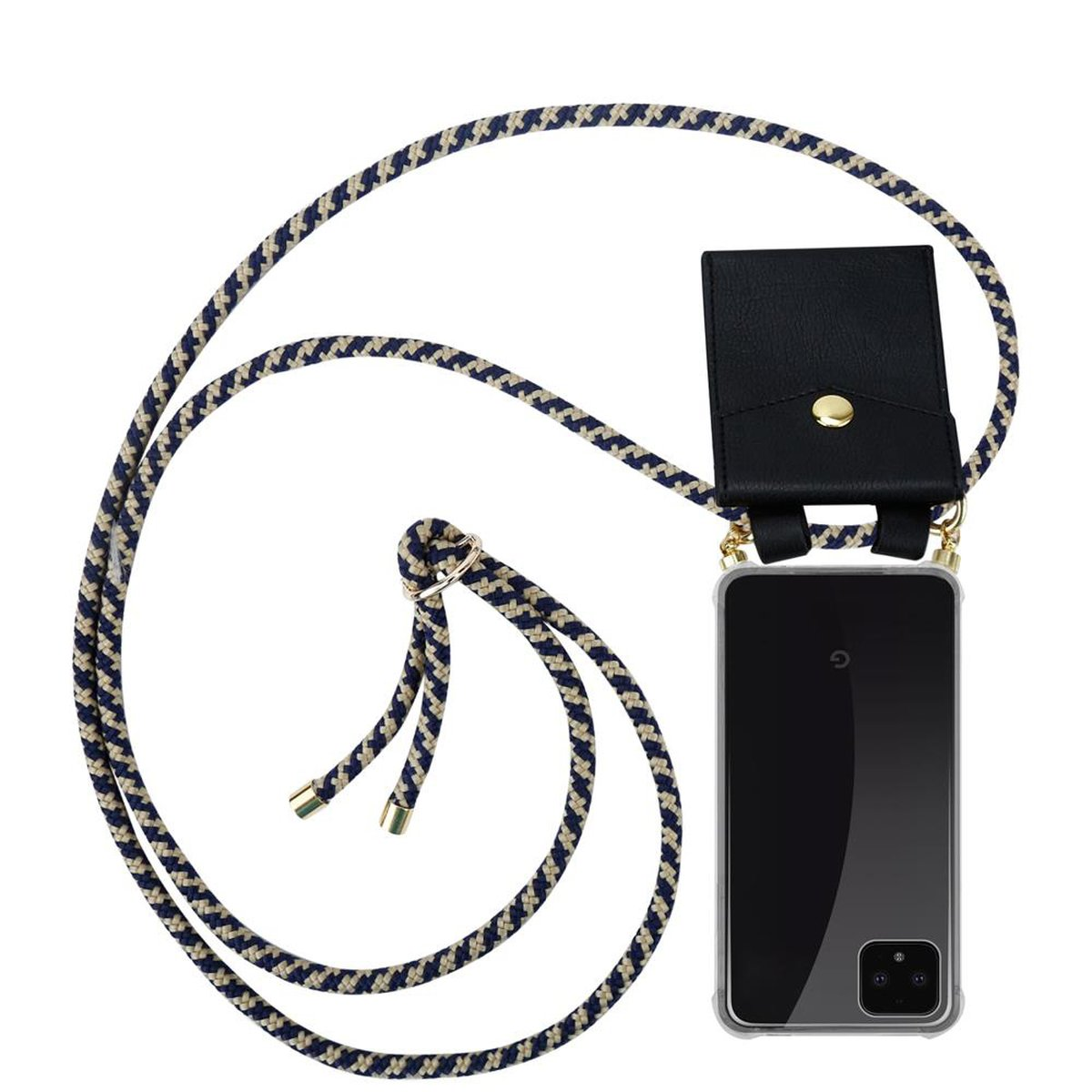 Telefon mit schwarzem Etui und beige-blauem Schlüsselband.