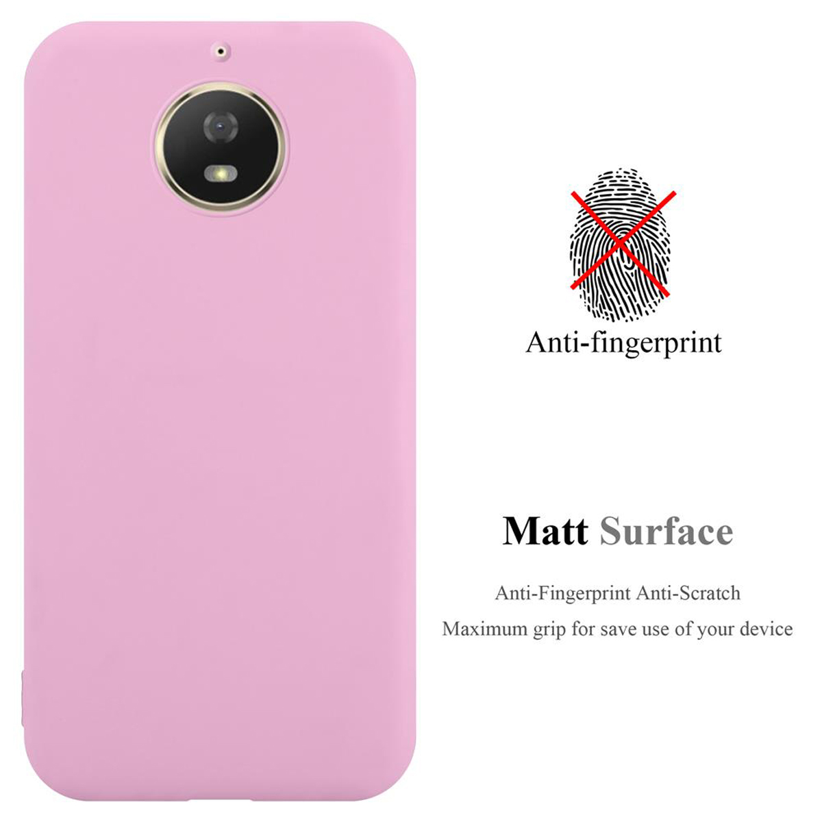Custodia per telefono rosa con testo anti-impronta e superficie opaca, accanto a un simbolo di impronta digitale.