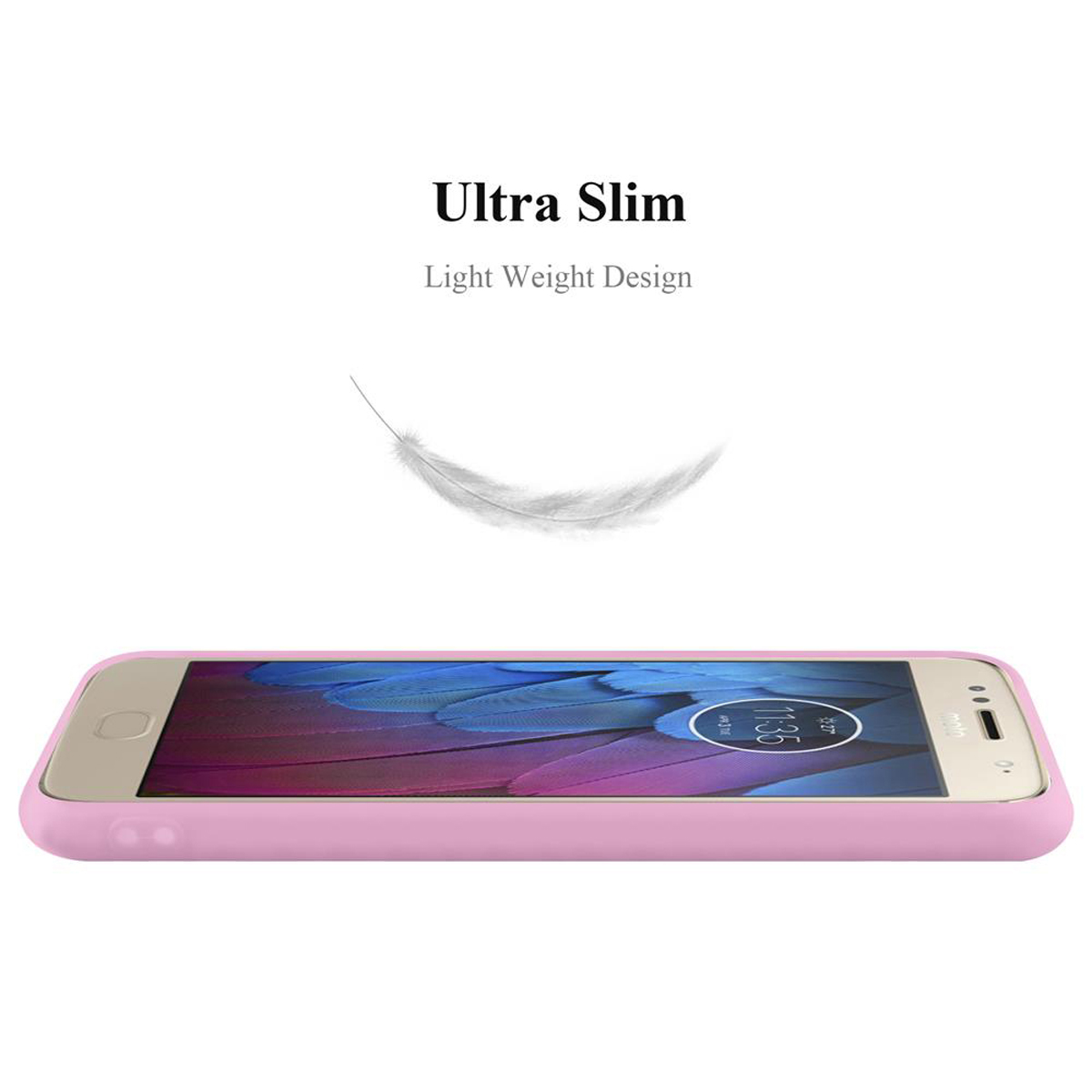 Una custodia rosa con un telefono. Una grafica a forma di piuma sopra. Sfondo bianco. Ultra sottile e leggero.