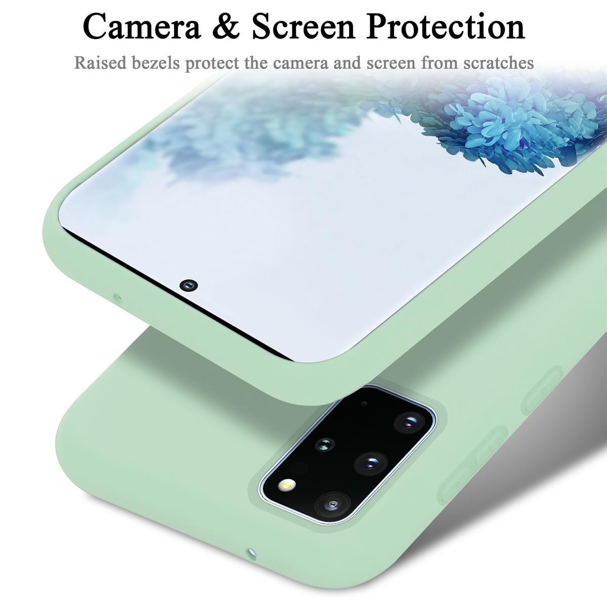 Una custodia per telefono verde chiaro copre un telefono. La custodia ha un design protettivo.