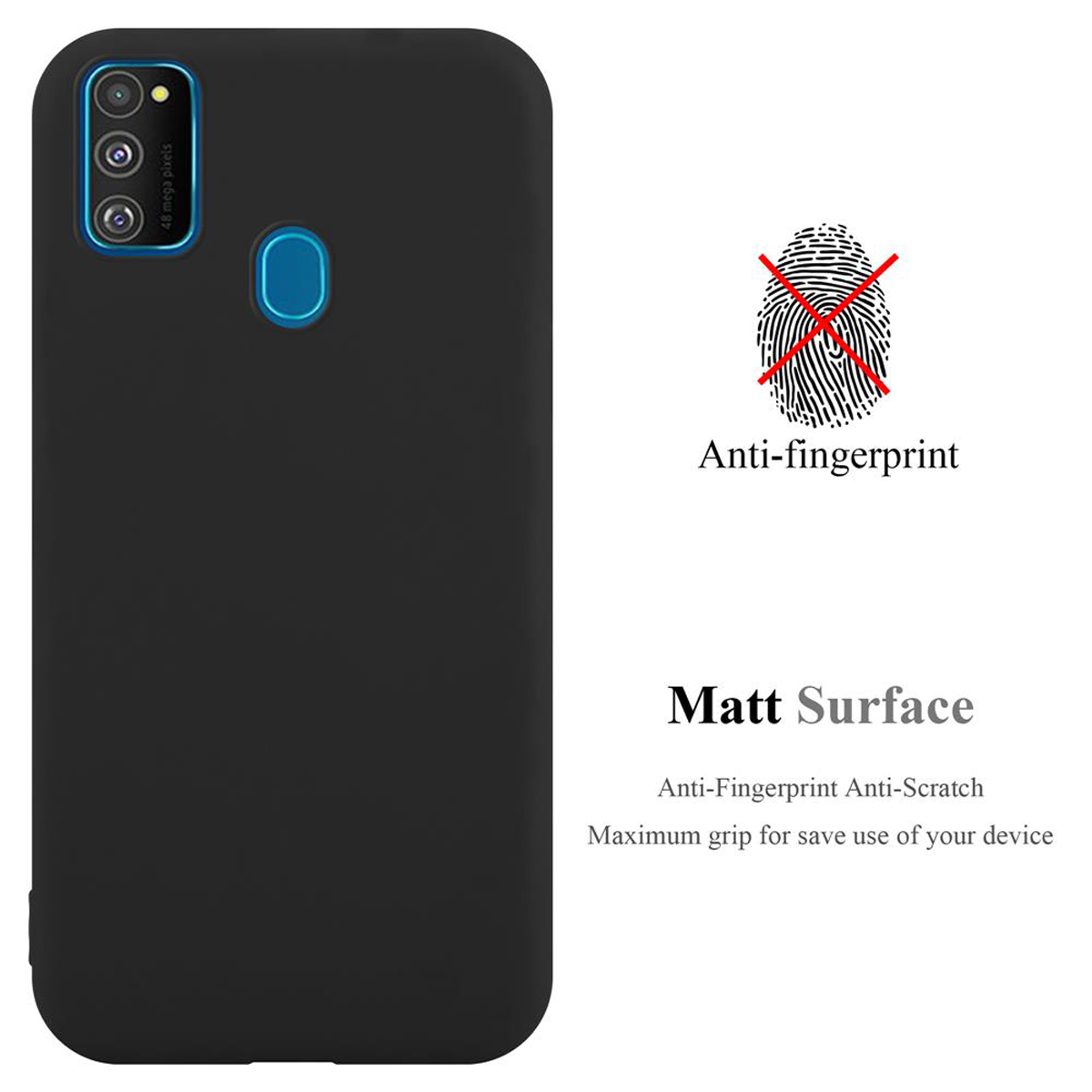 Schwarze Handyhülle mit mehreren Kameras, Text und einem Fingerabdrucksymbol.