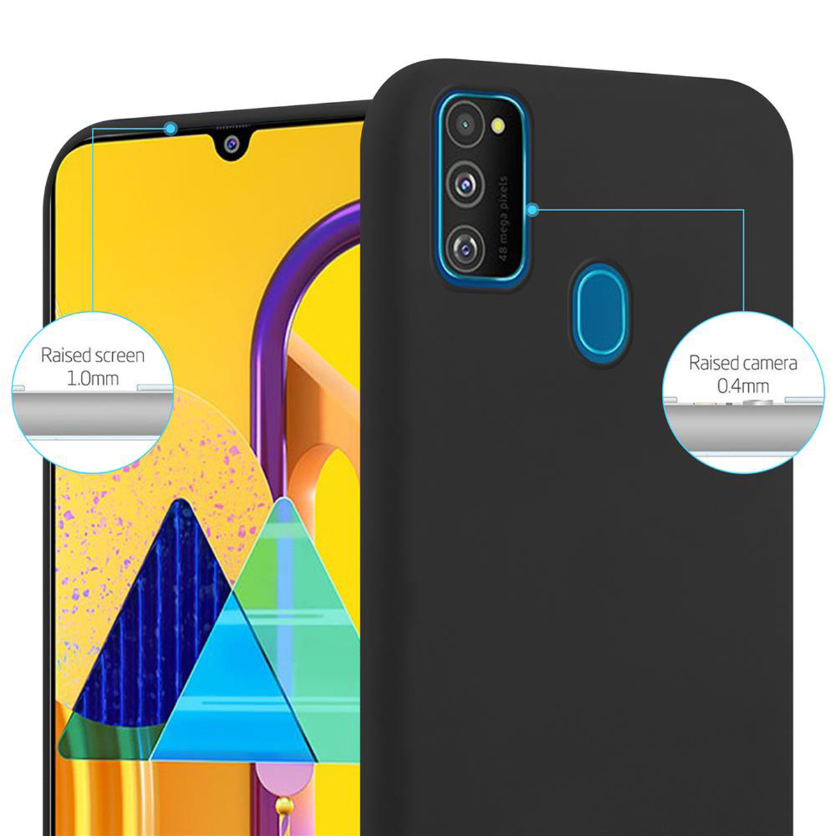 Schwarze Handyhülle, schwarzes Telefon mit erhöhtem Bildschirm und erhöhter Kamera, mit Text über erhöhte Funktionen.