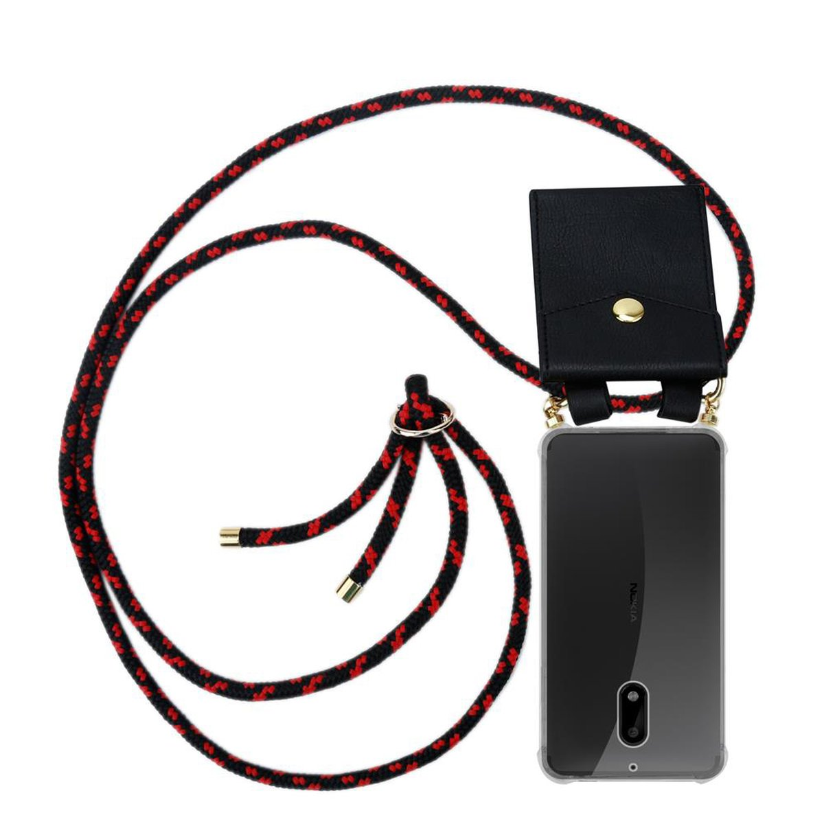 Telefon mit rotem und schwarzem Seilriemen und schwarzer Hülle.