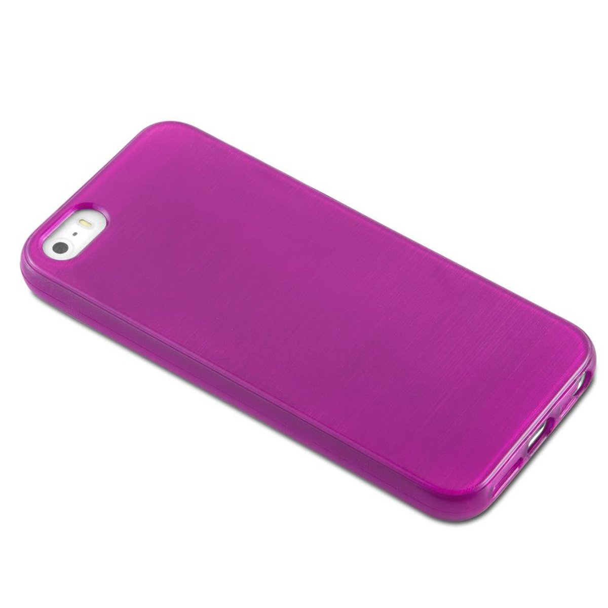 Una custodia per telefono magenta su bianco. È lucida e ha la forma di un telefono. Lo sfondo è bianco.