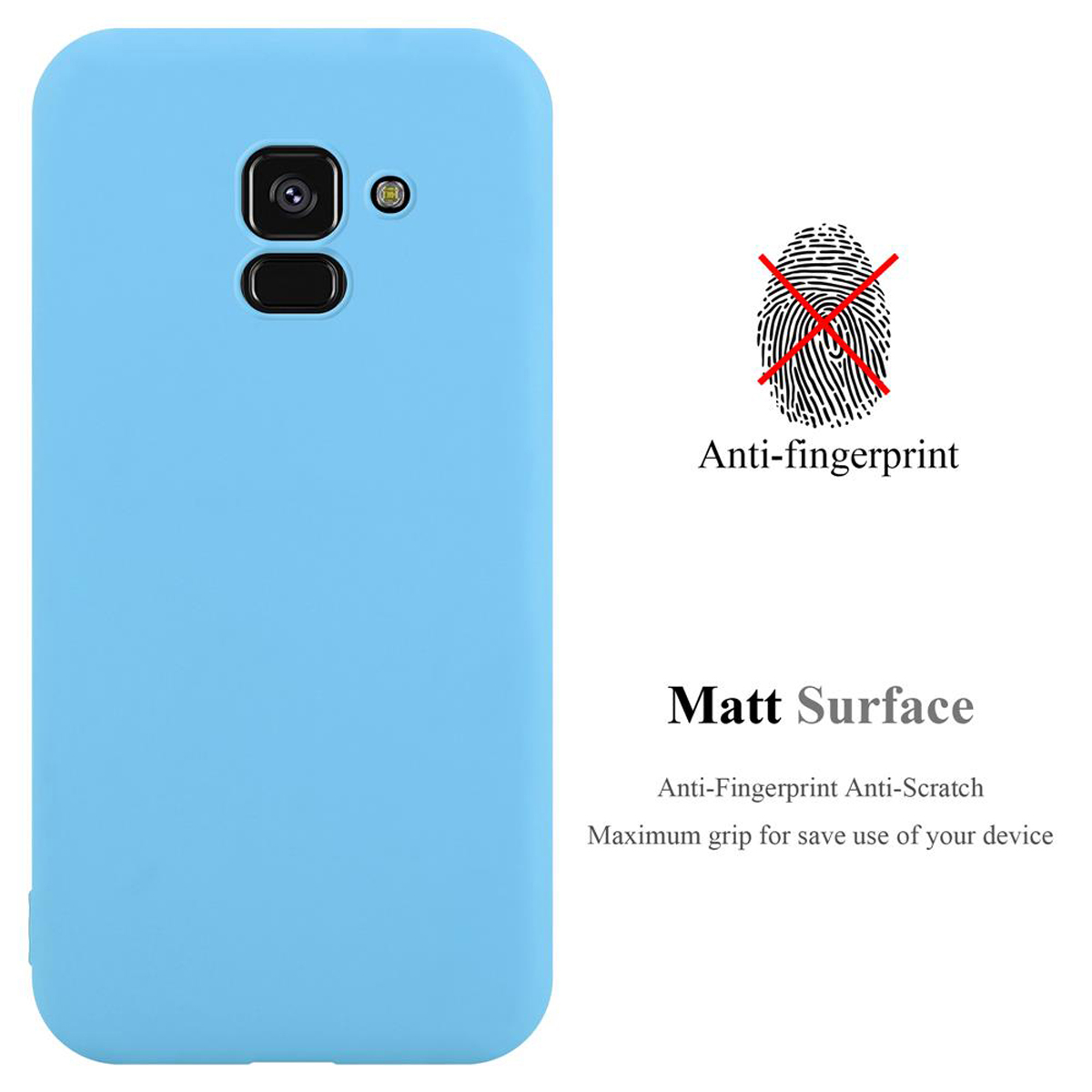Custodia per telefono azzurra con fotocamera e testo anti-impronte.