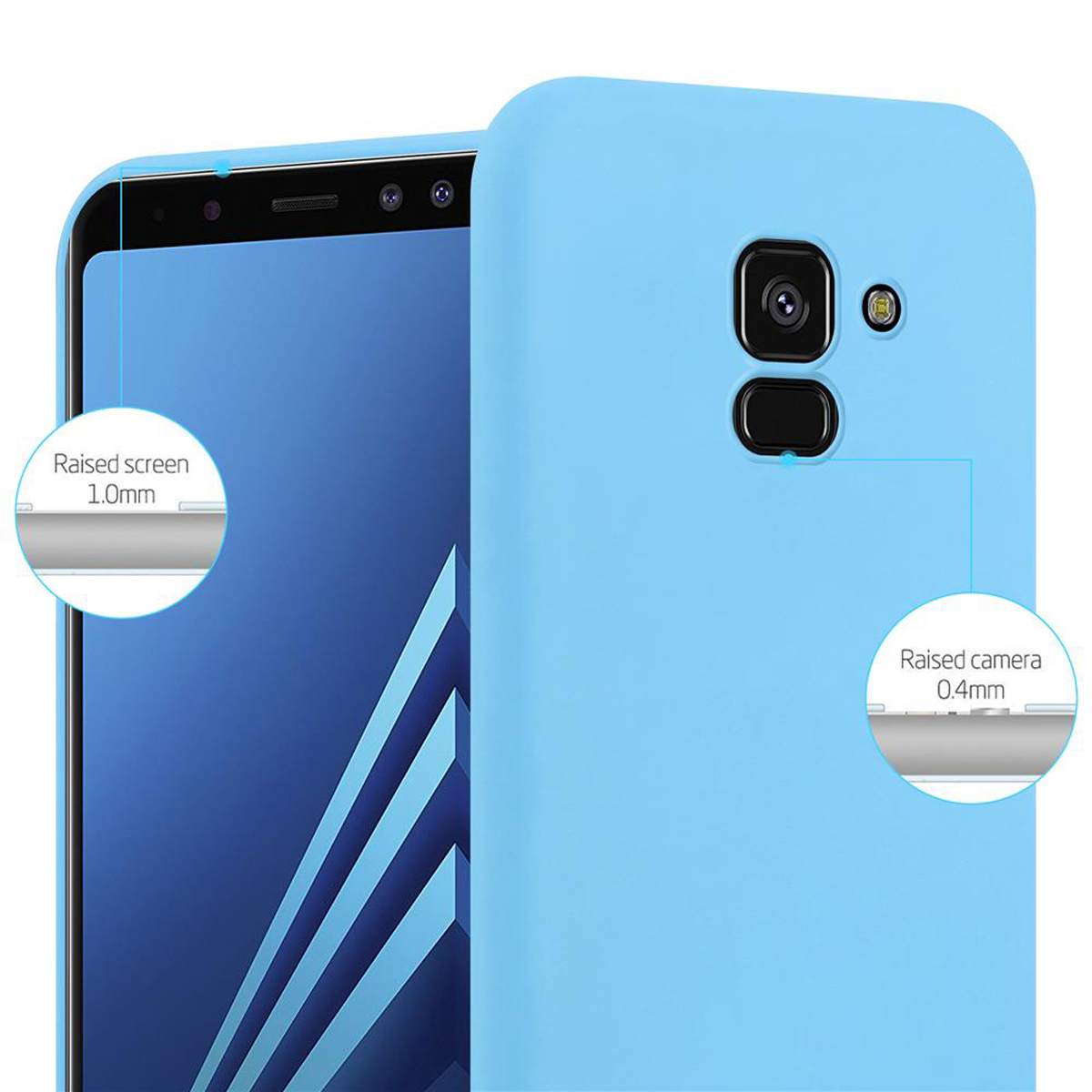 Custodia per telefono azzurra. Il telefono ha uno schermo blu. Il testo descrive lo schermo e la fotocamera rialzati.