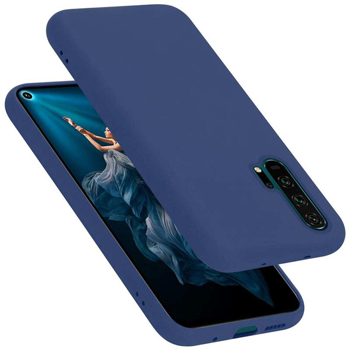 Blaue Handyhülle und Telefon. Das Telefon befindet sich im Etui. Weißer Hintergrund.
