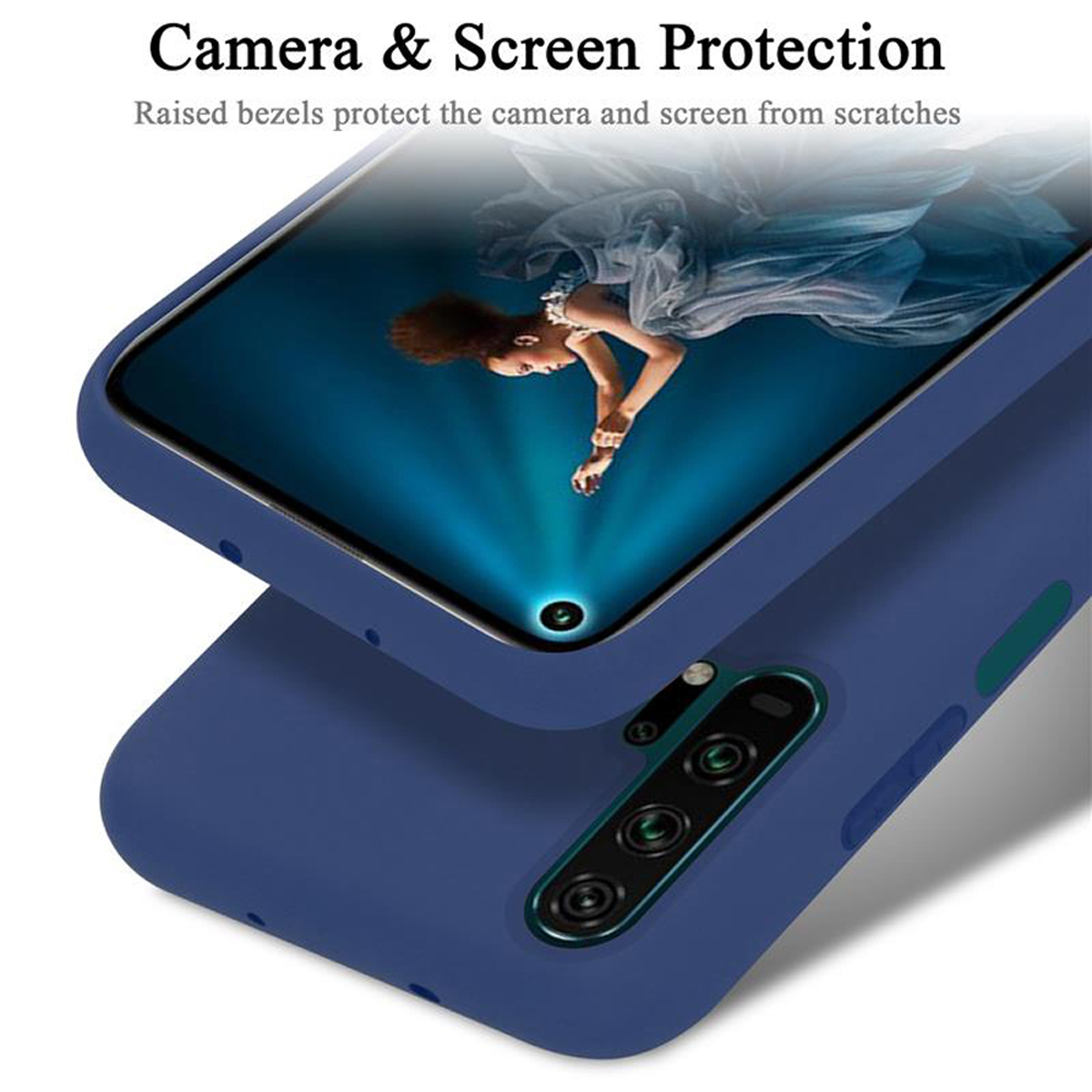Handyhülle mit blauer Rückseite und Telefonbildschirm mit verschwommenem Frauenbild.