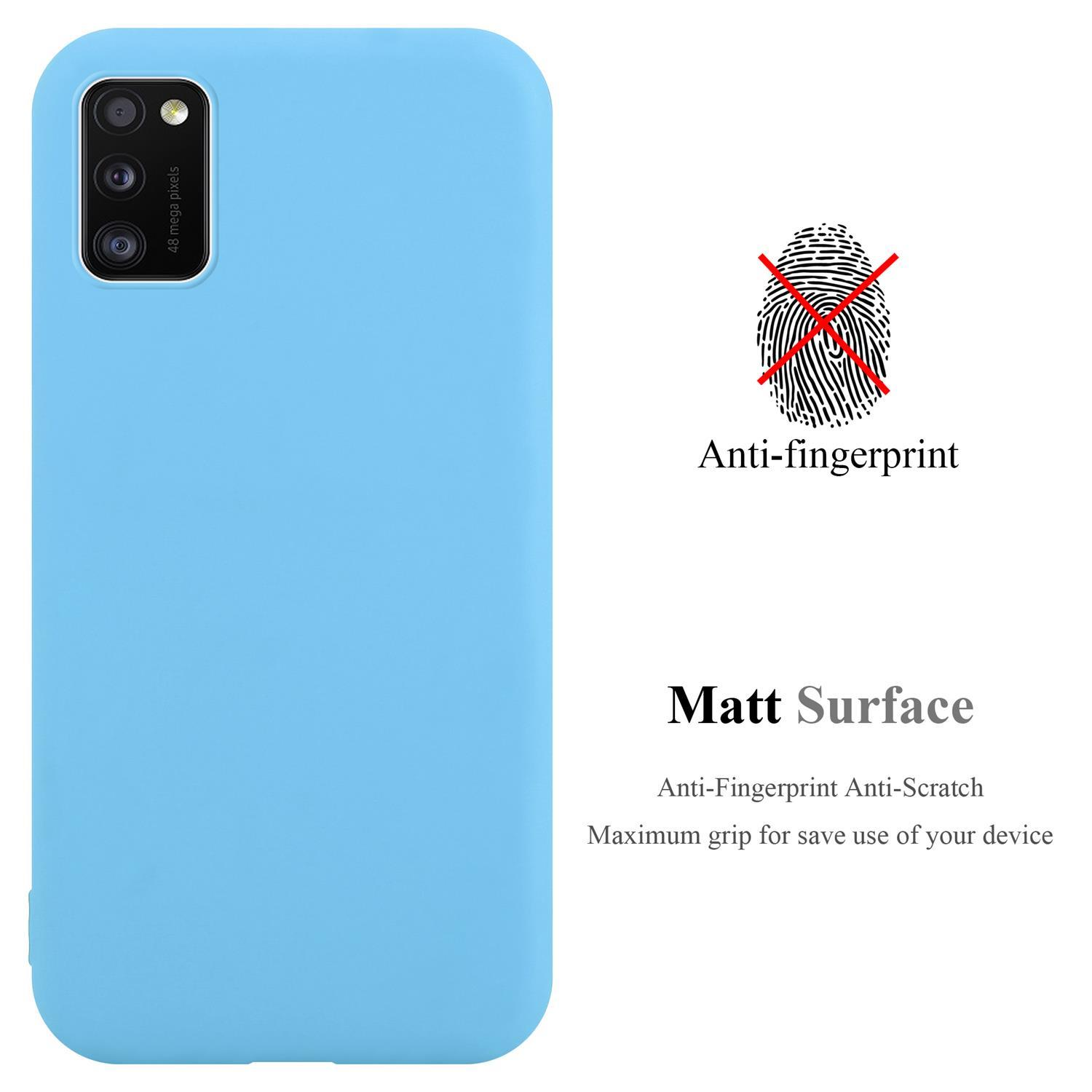 Hellblaue Handyhülle mit Anti-Fingerabdruck-Text und einem Fingerabdruck-Symbol.