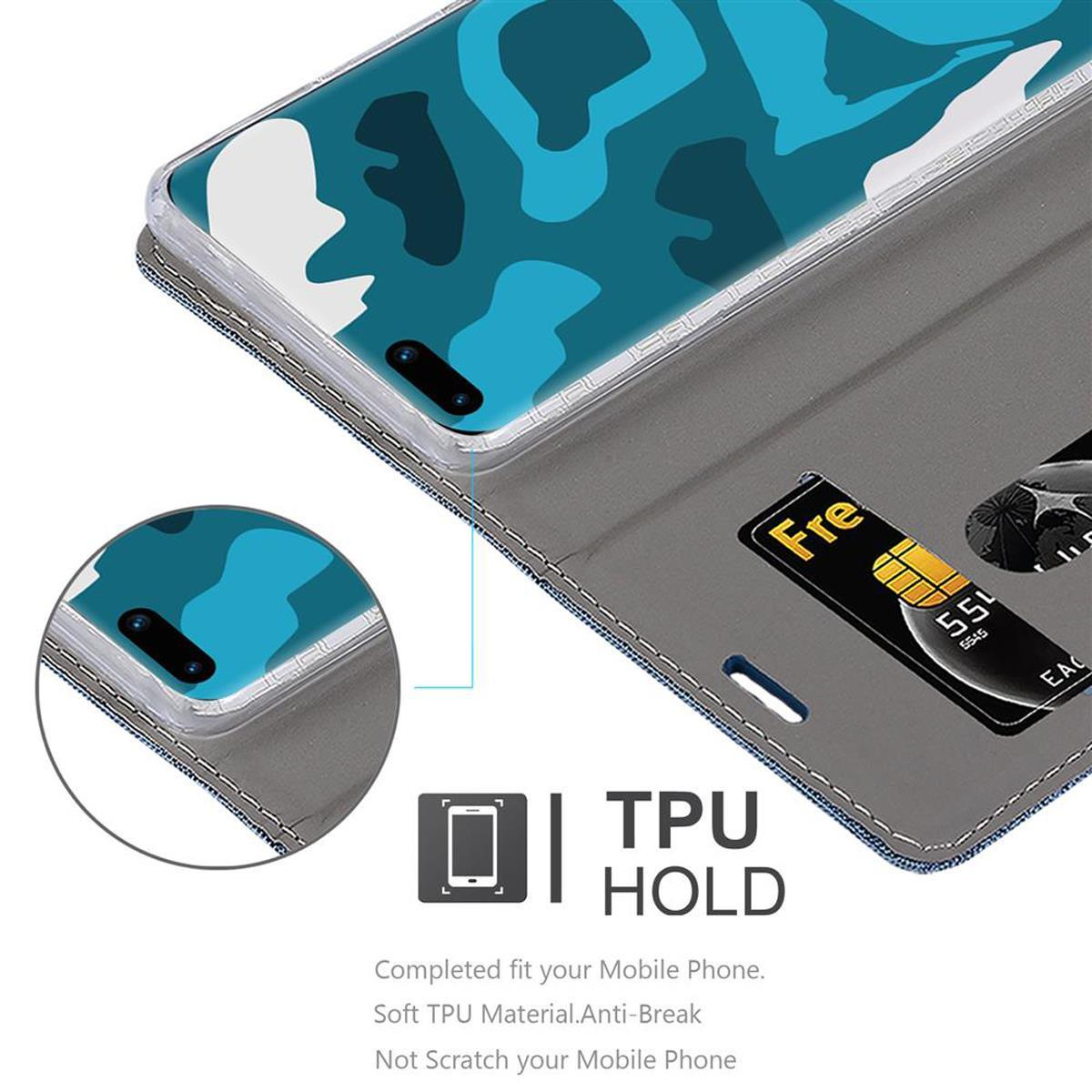 Custodia a portafoglio grigia per telefono con un design blu sullo schermo.