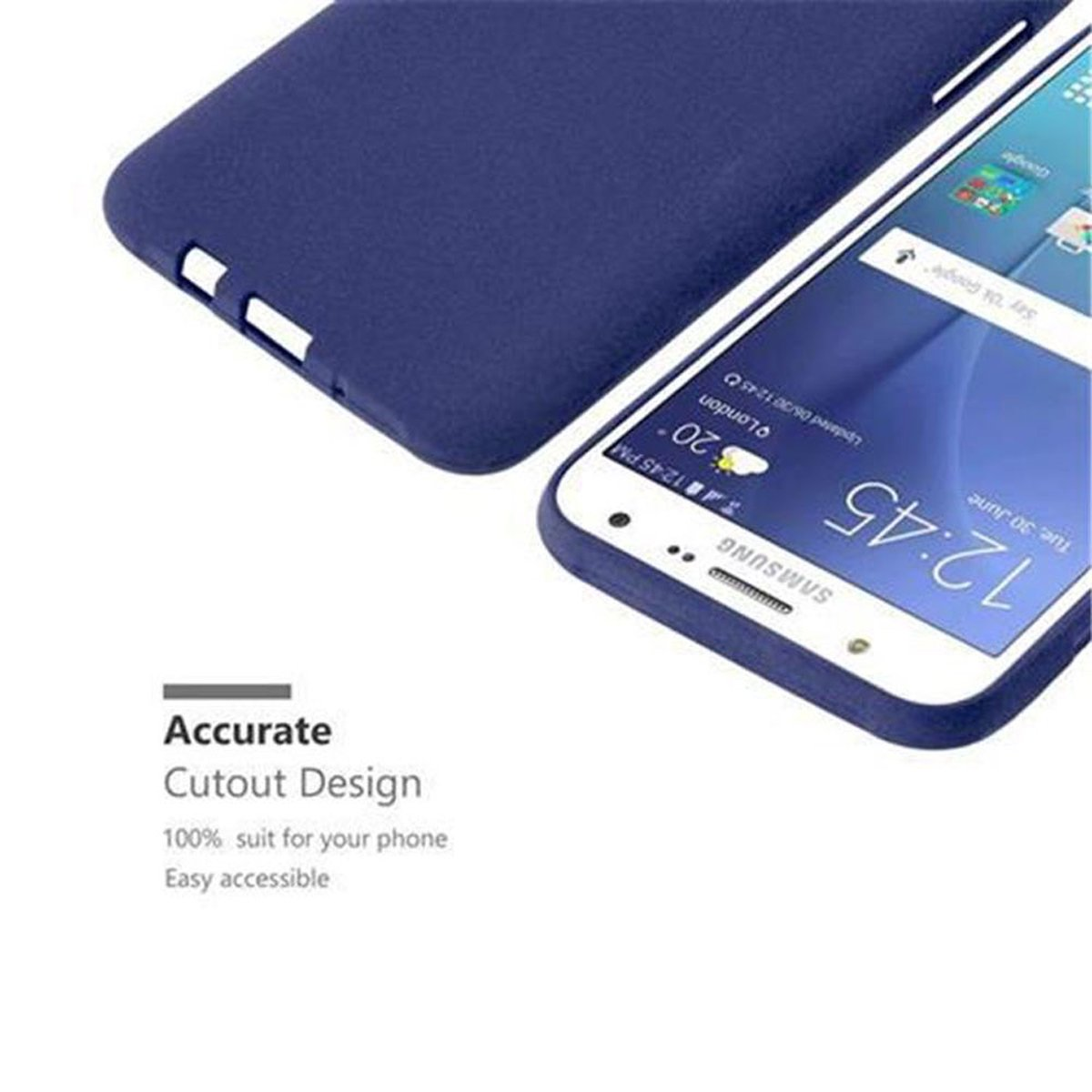 Custodia blu per telefono con un telefono all'interno, che mostra l'ora, con il testo design di ritaglio accurato.