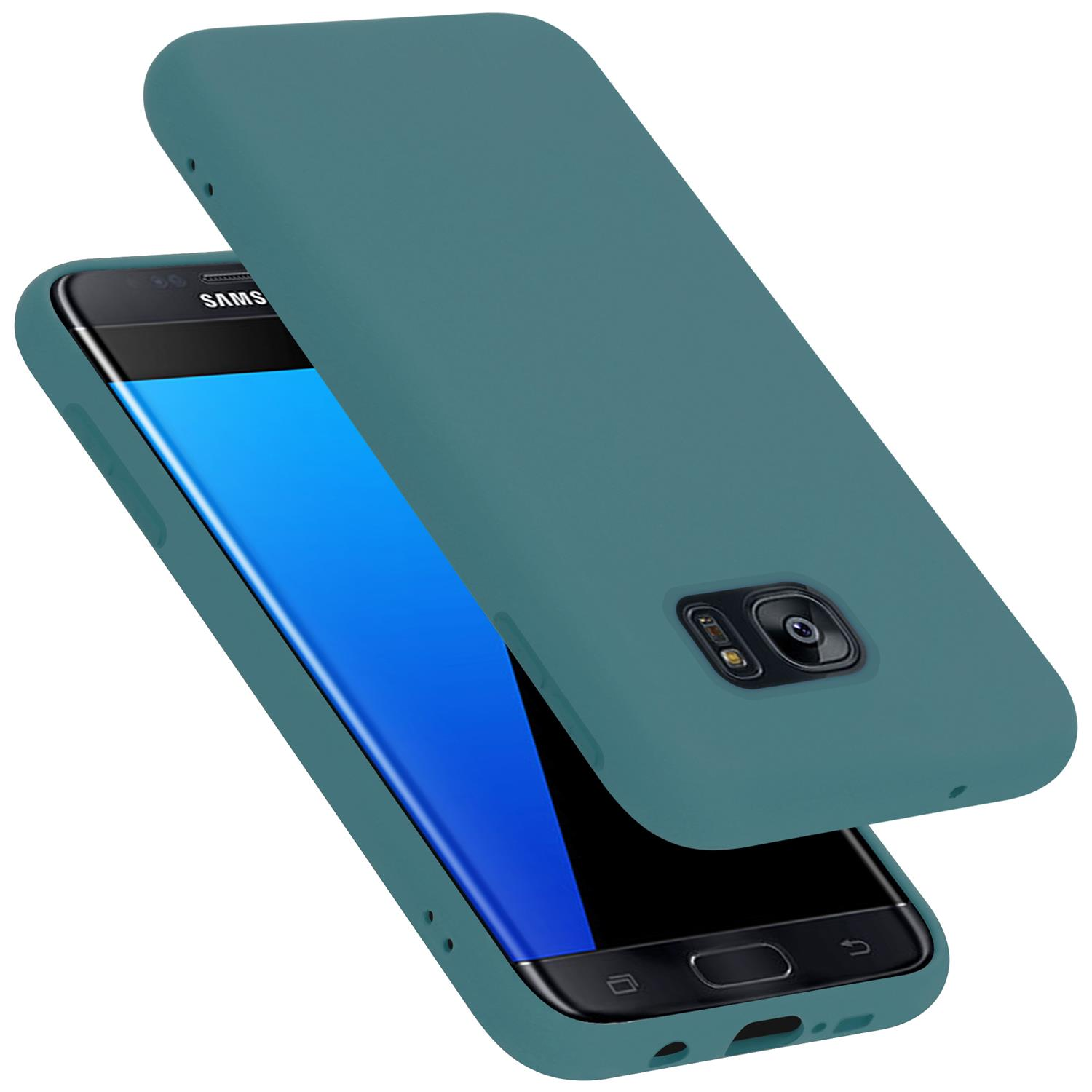 Türkisfarbene Handyhülle, schwarzes Telefon im Inneren. Gehäuse offen.