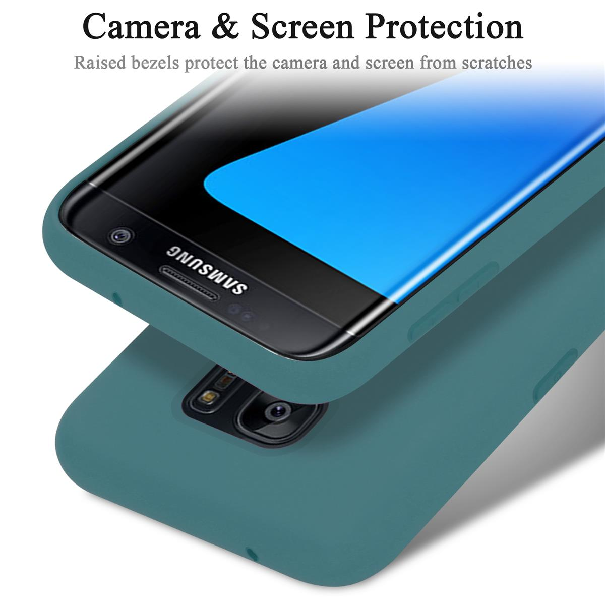 Eine türkisfarbene Handyhülle schützt das Telefon. Das Telefon ist schwarz mit blauem Bildschirm.
