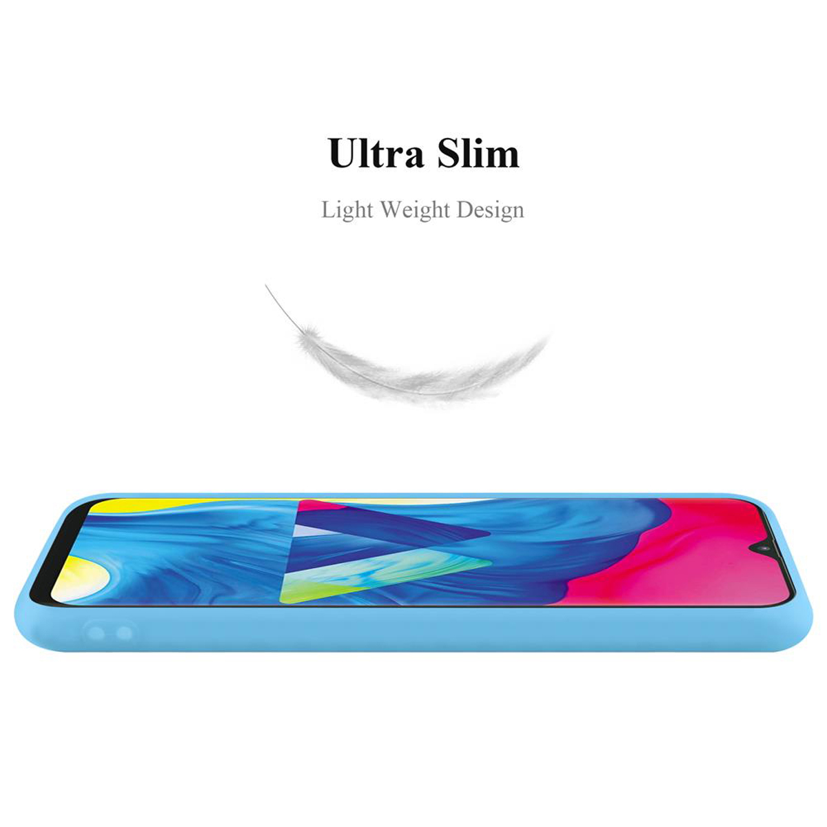 Telefono in custodia blu. Testo 'Ultra Slim', 'Design leggero'. Sfondo bianco con piuma.