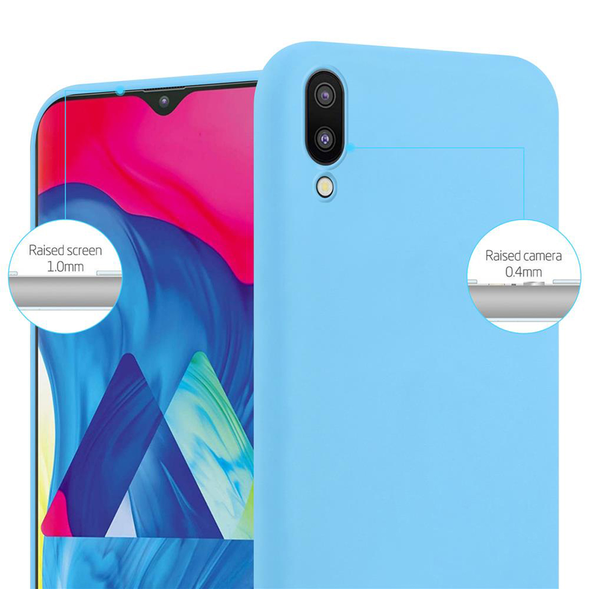 Custodia blu per telefono, che mostra lo schermo rialzato e la protezione della fotocamera. Lo schermo è rialzato di 1,0 mm, la fotocamera di 0,4 mm.