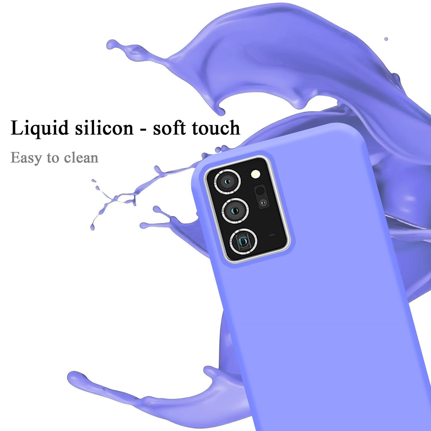Custodia viola con telefono. Schizzo di liquido viola sullo sfondo.