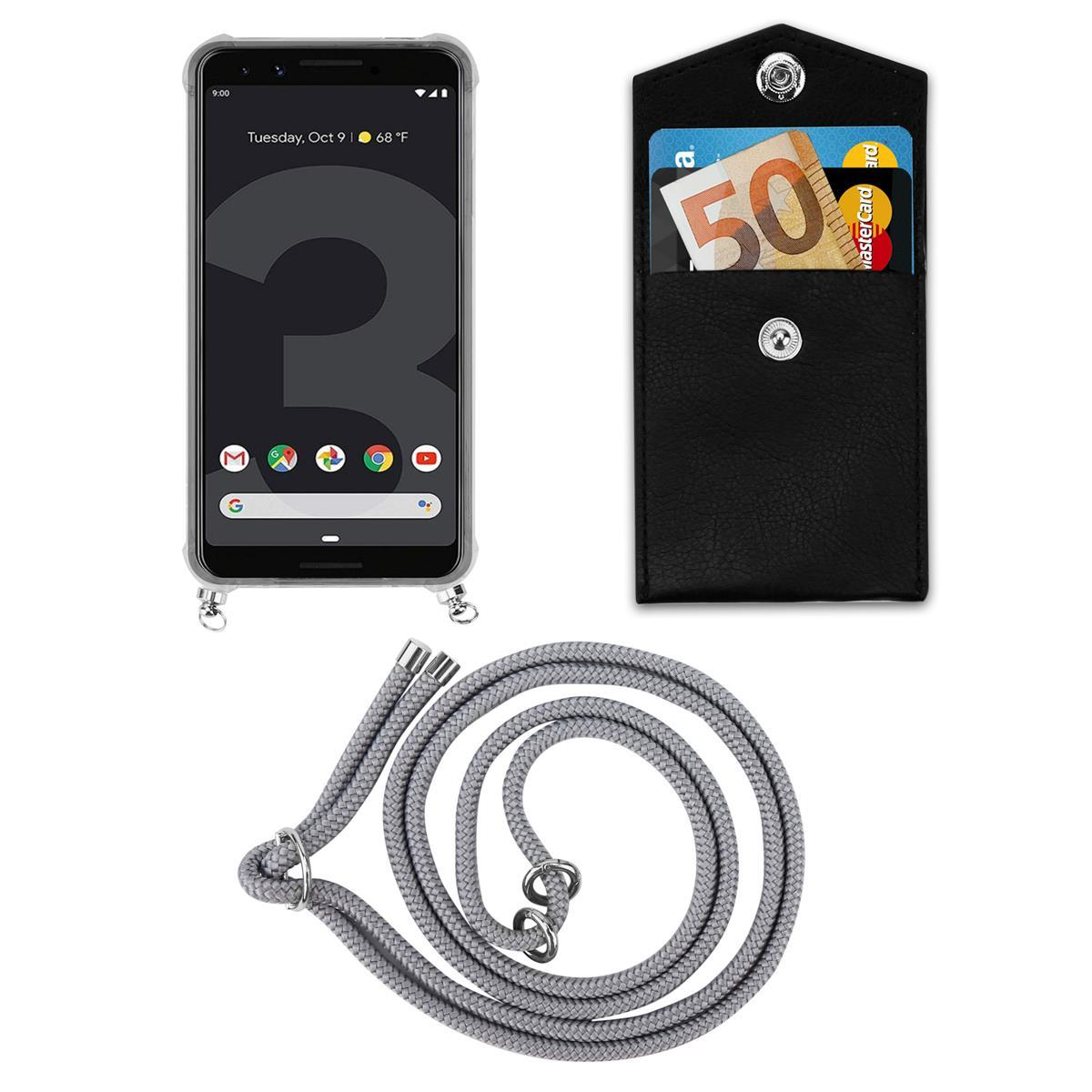 Telefon, Hülle und Lanyard. Telefon zeigt Uhrzeit und Apps an. Hülle mit Bargeld und Karten. Graues Lanyard.