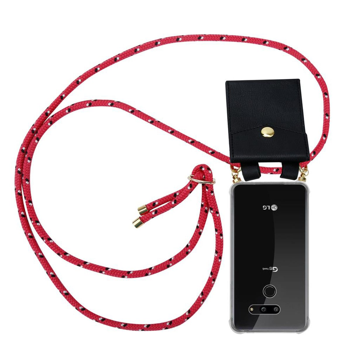 Eine Handyhülle mit rot-weißem Seilriemen und schwarzem Leder-Telefonhalter.