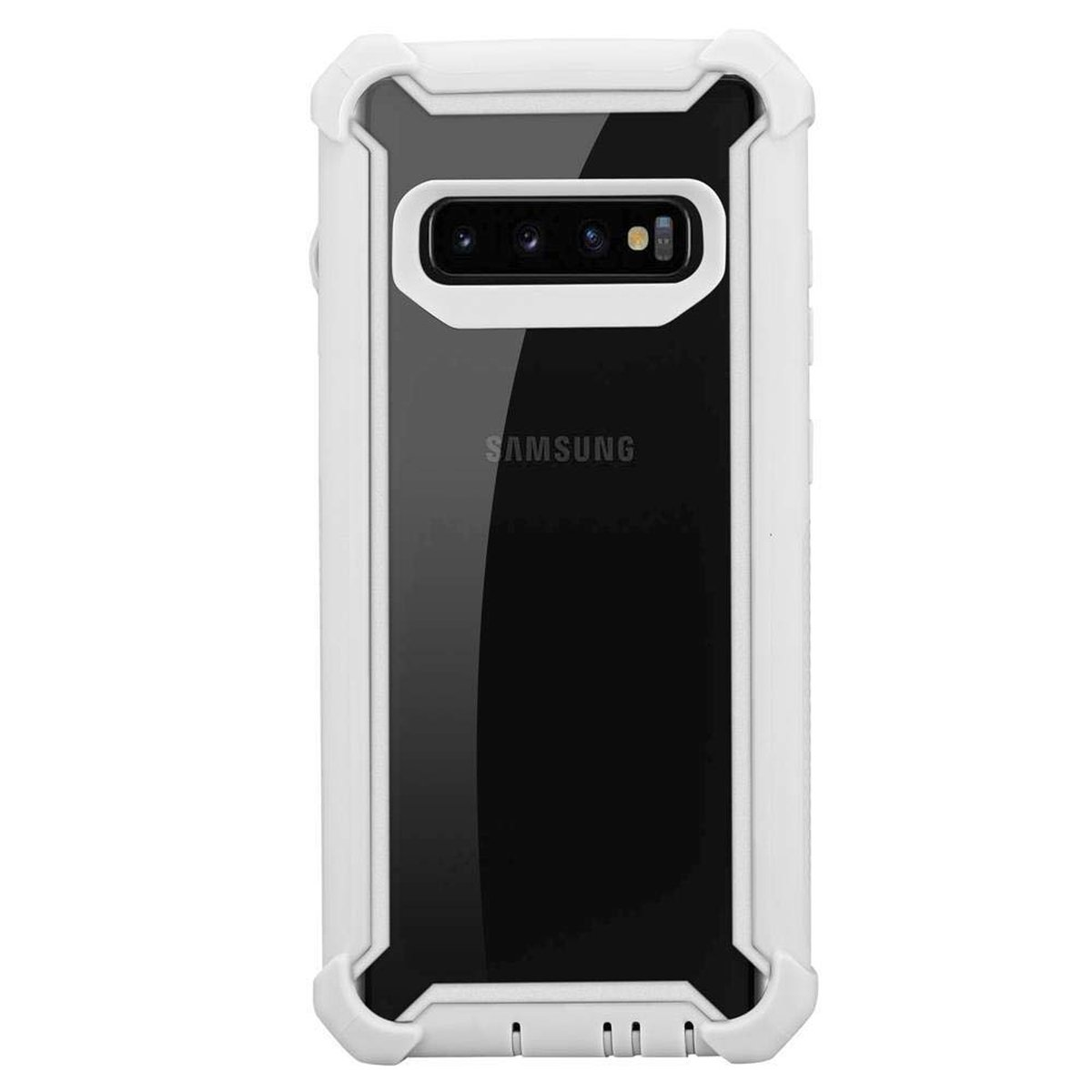 Custodia per telefono bianca e nera. Il telefono è visibile attraverso il retro trasparente. Protegge il telefono.