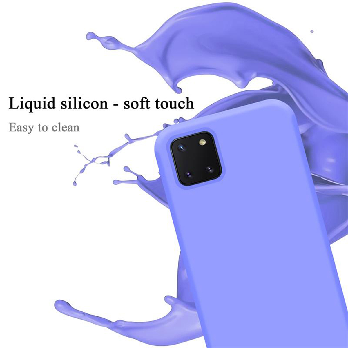 Eine hellviolette Handyhülle. Lila Flüssigkeitsspritzer im Hintergrund. Text sagt 'Liquid silicon - soft touch'.