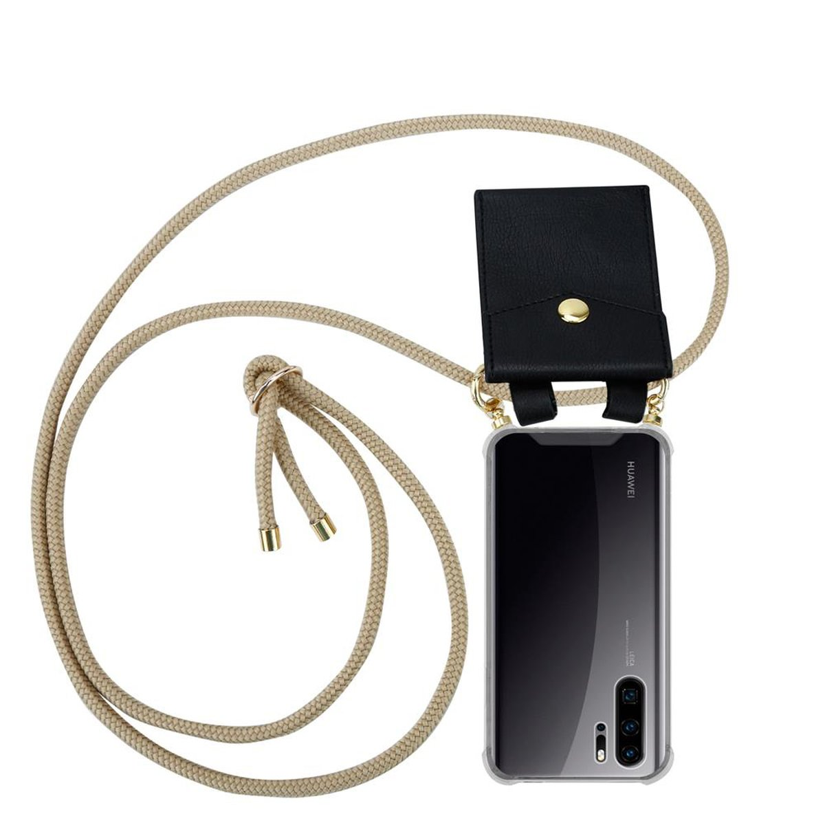 CADORABO Handy Kette mit Gold und Backcover, BRAUN Ringen, abnehmbarer P30 Kordel PRO, Huawei, Hülle, GLÄNZEND Band