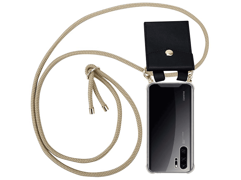 CADORABO Handy Kette mit Gold Hülle, PRO, Huawei, Kordel BRAUN Ringen, GLÄNZEND Backcover, P30 Band abnehmbarer und