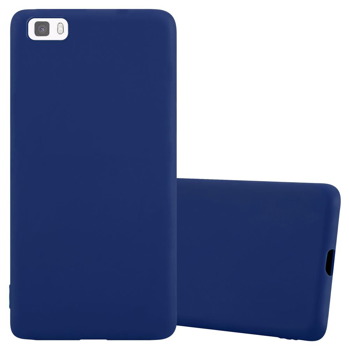Dos fundas de teléfono azul oscuro, una vertical y otra tumbada.