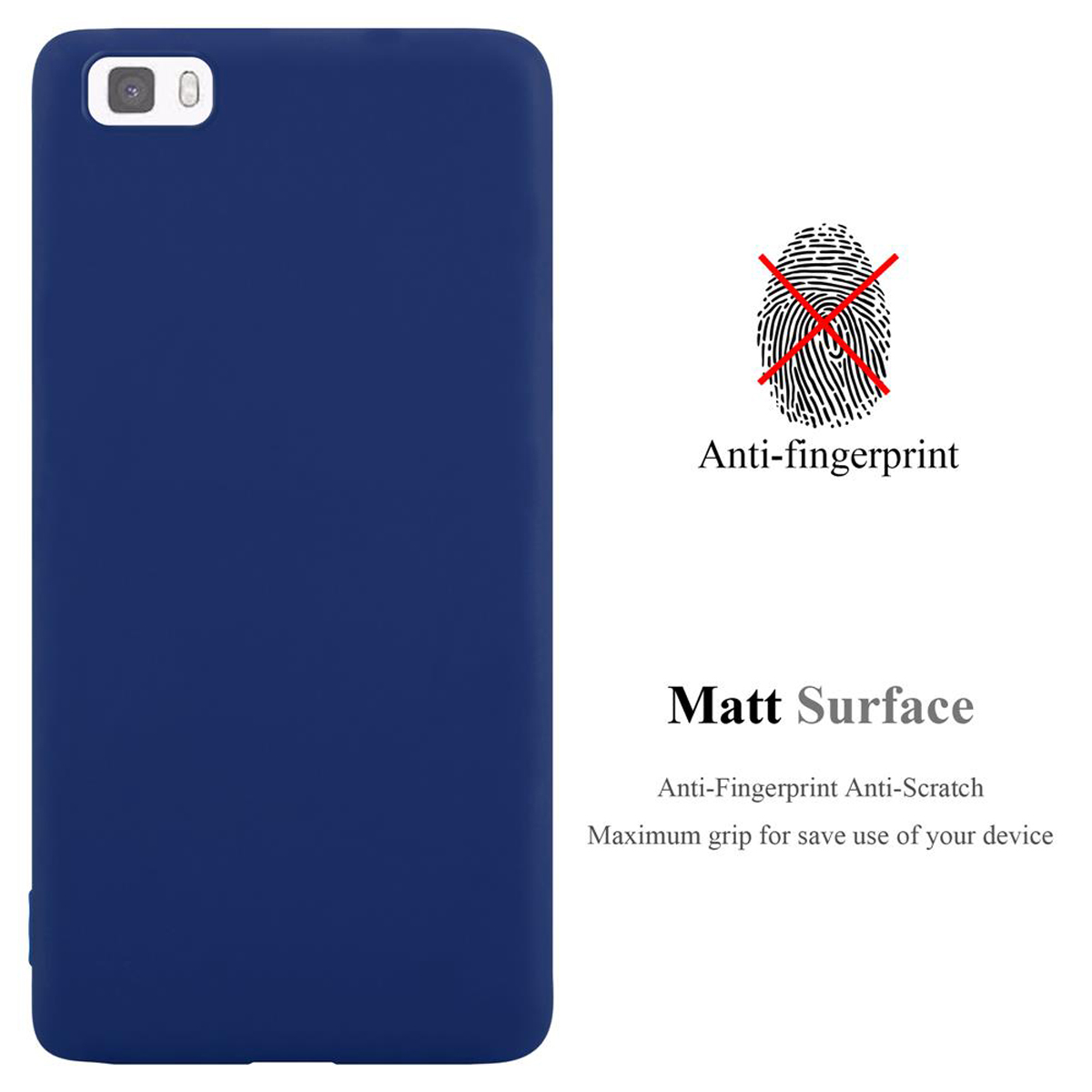 Una funda de teléfono azul con texto en el lado derecho sobre anti-huellas y una superficie mate.