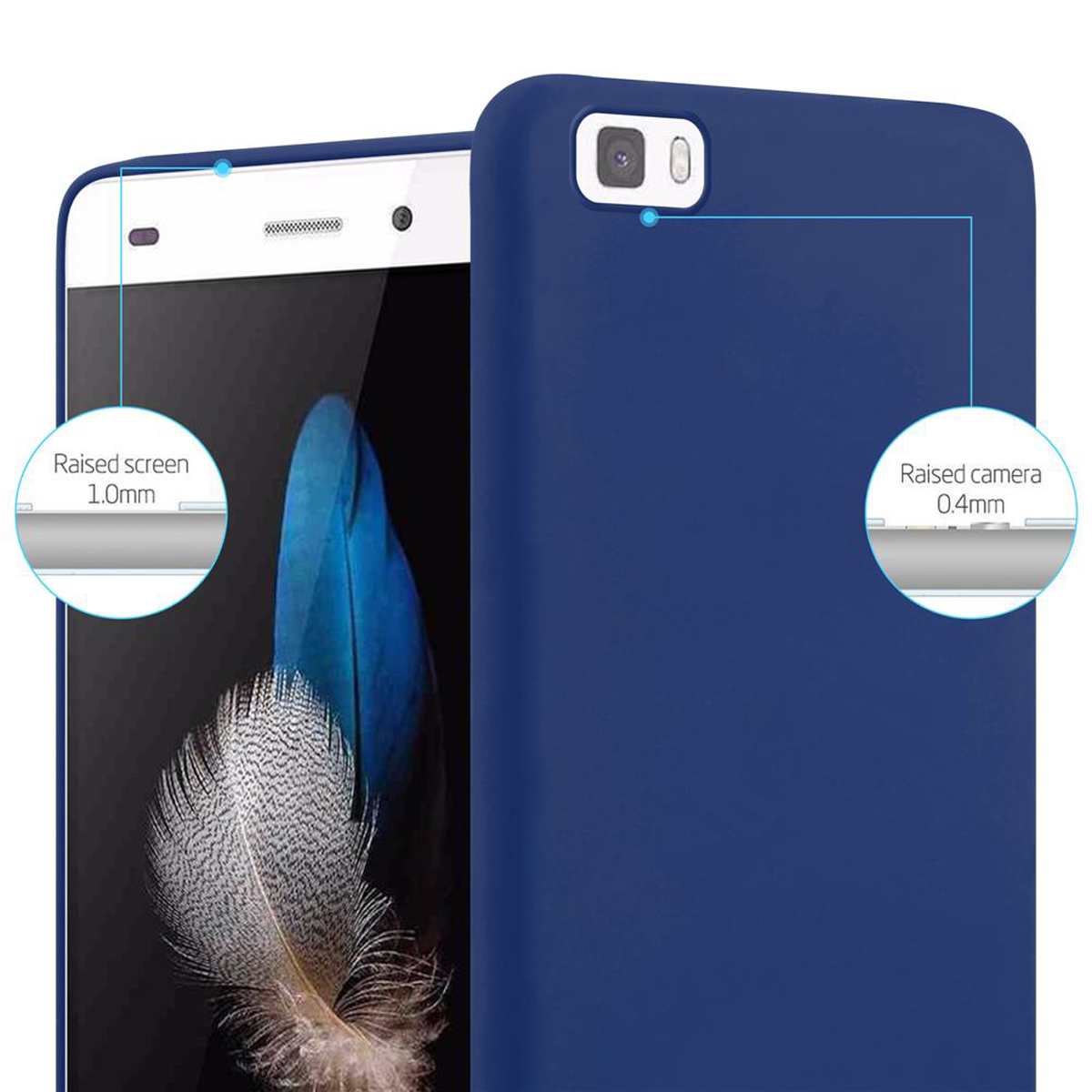 Dos fundas de teléfono azules, con pantalla y cámara elevadas. El texto indica pantalla elevada 1,0 mm, cámara 0,4 mm.