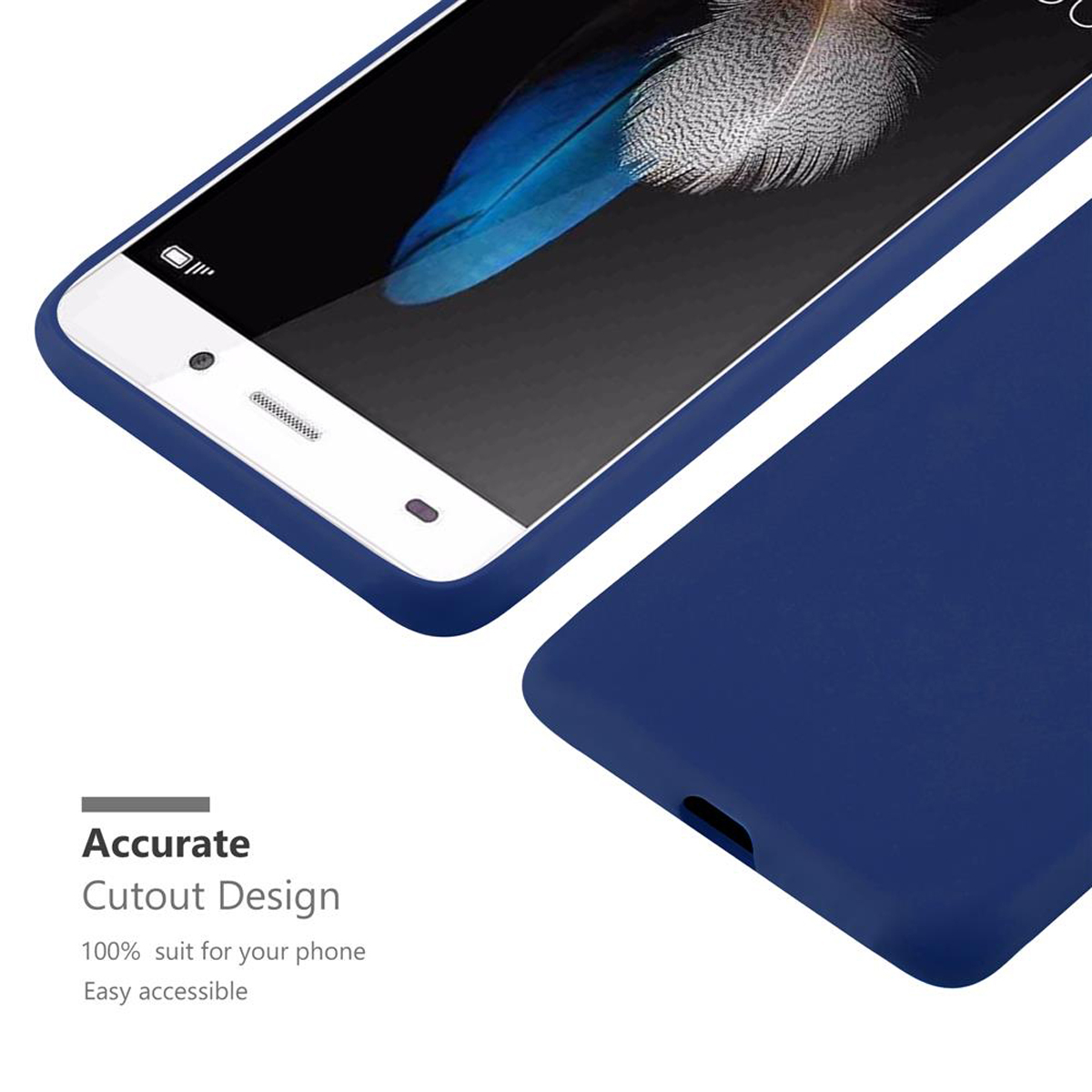 Una funda de teléfono azul y un smartphone con pantalla blanca se muestran.