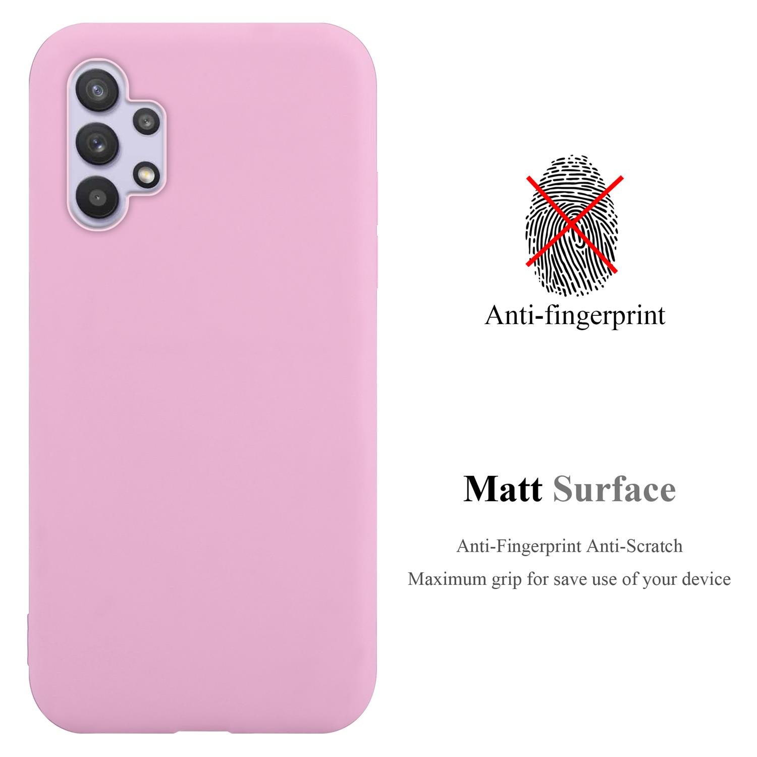 Una custodia per telefono rosa con la scritta 'Anti-impronte digitali' e 'Superficie opaca'. C'è un'icona di impronta digitale.