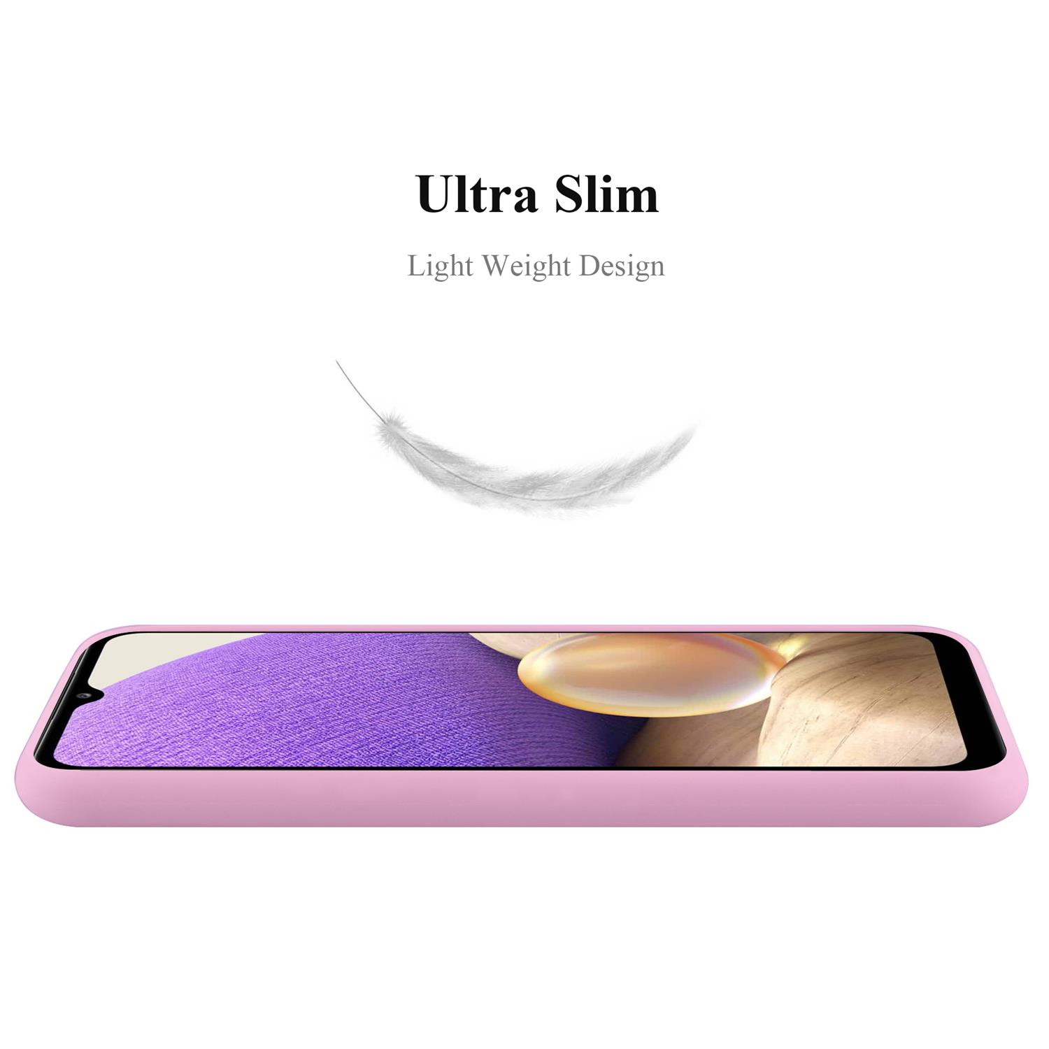 Una custodia per telefono rosa chiaro con un telefono all'interno. Una piuma bianca fluttua sopra la custodia.