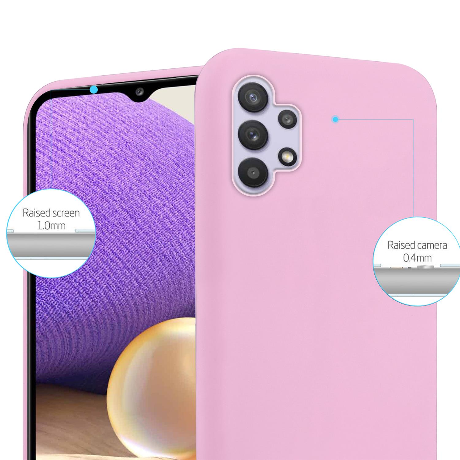 Custodia rosa per telefono con bordi rialzati. Sono evidenziati schermo e fotocamera del telefono.