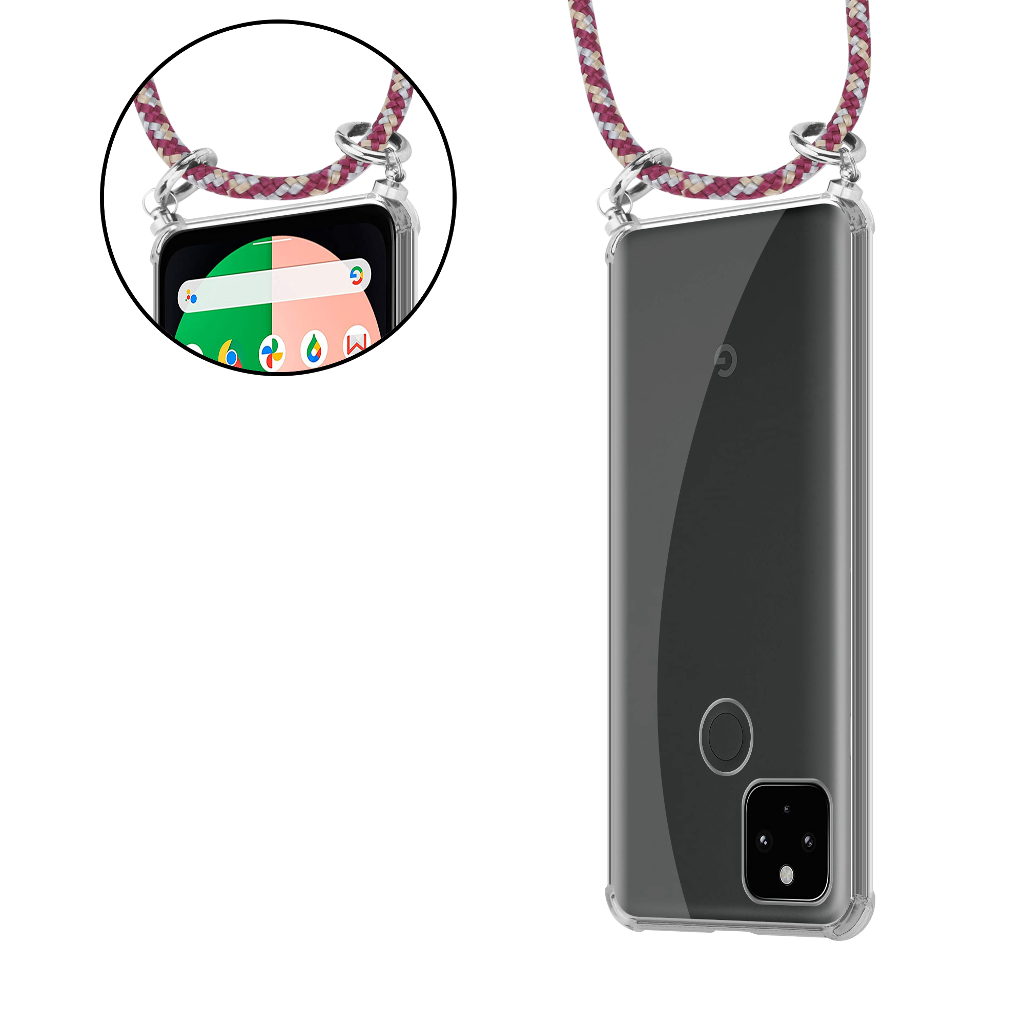 CADORABO Handy Kette mit PIXEL XL, Silber ROT abnehmbarer Ringen, und WEIß Band Backcover, Google, GELB Kordel 5 Hülle