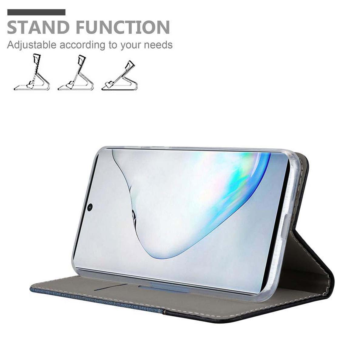 Ein Telefon in einer Hülle, das in einer Standfunktion gezeigt wird. Es werden drei verschiedene Standpositionen gezeigt.