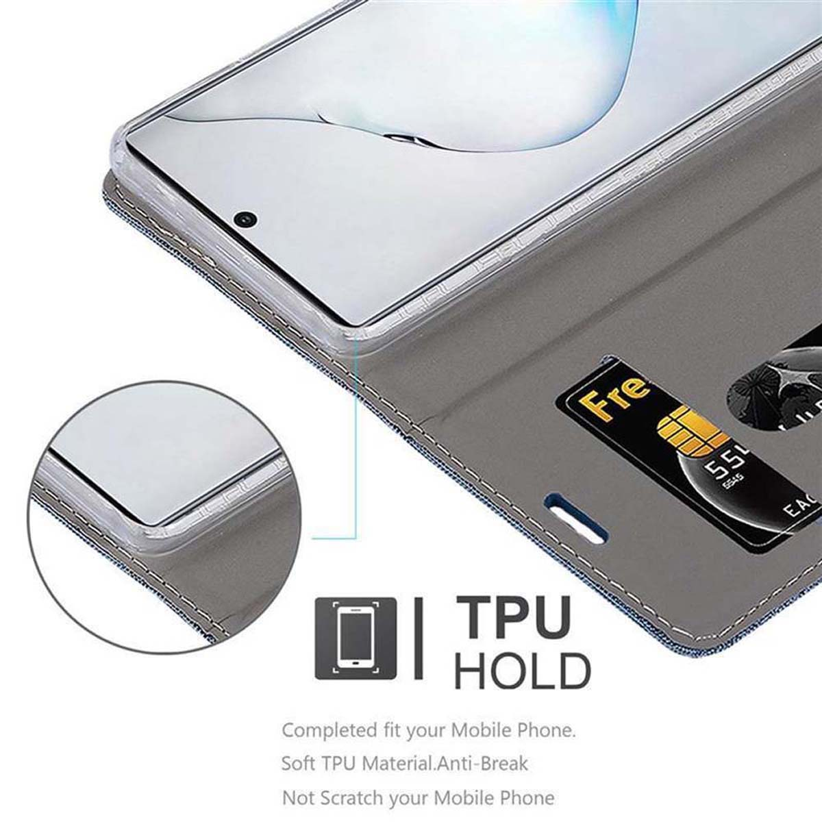 Telefon in einer Hülle mit einem Portemonnaie. Graue und blaue Hülle mit einer Karte. Text unten: TPU HOLD.